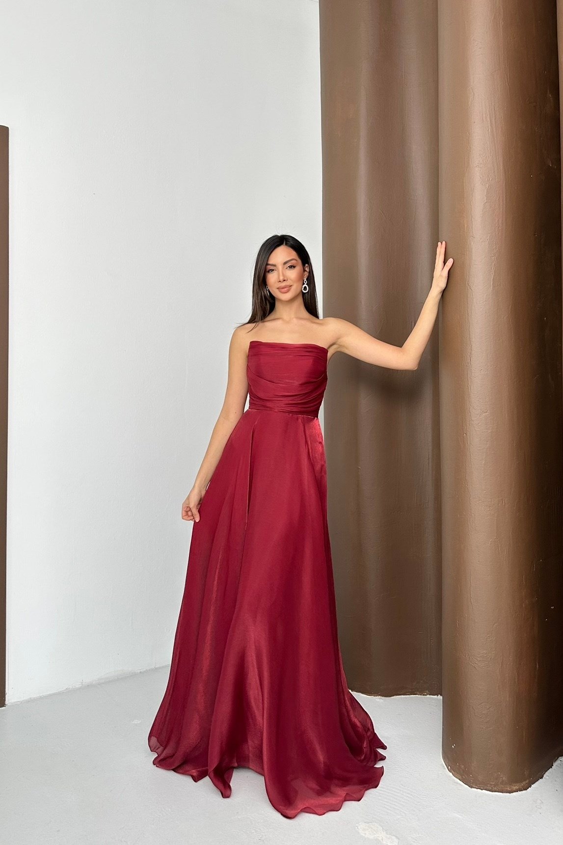 Straplez Düz Organze Kumaş Abiye Elbise - Bordo