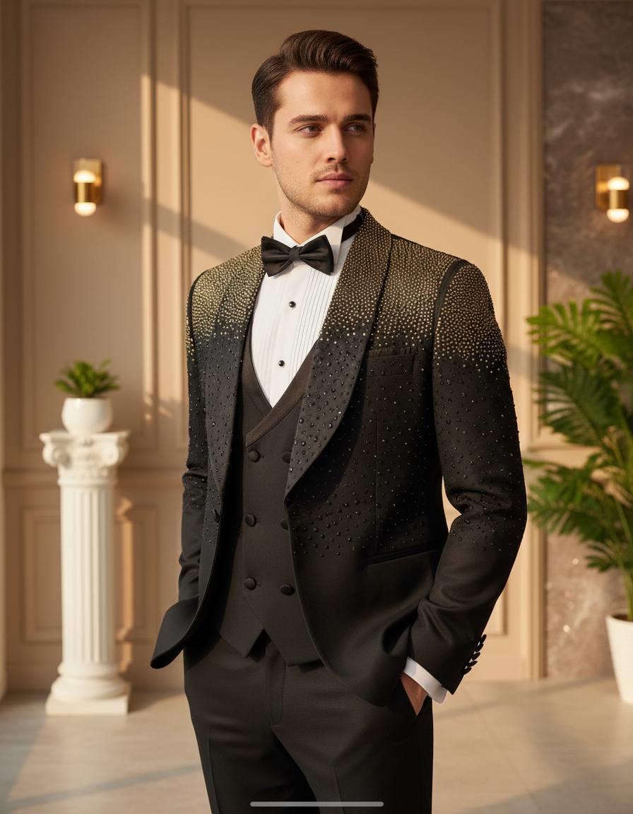 Damatlık İtalyan Kesim Slim Fit Taşlı Siyah SD42208