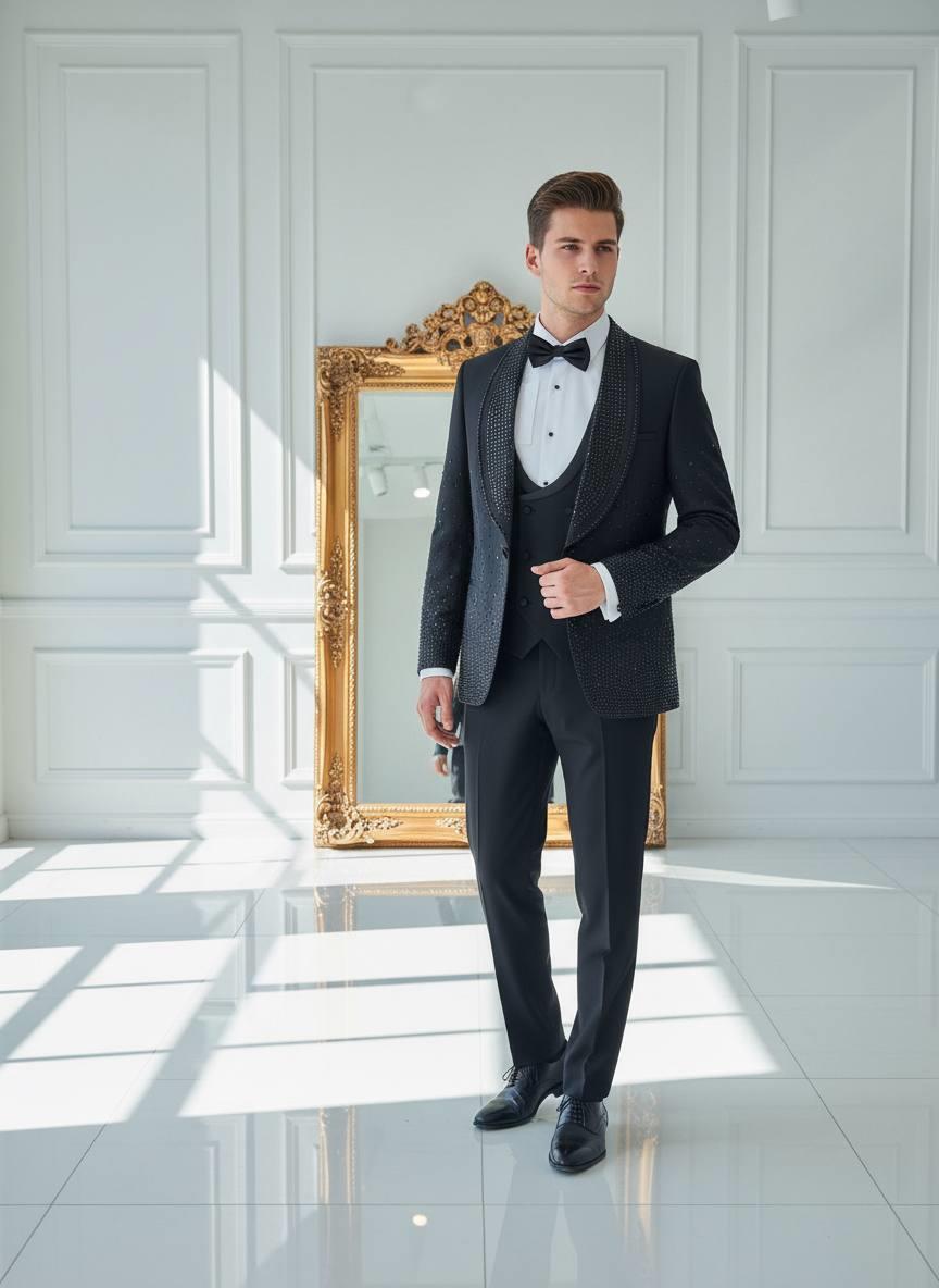 Damatlık İtalyan Kesim Slim Fit Taşlı Siyah SD42209
