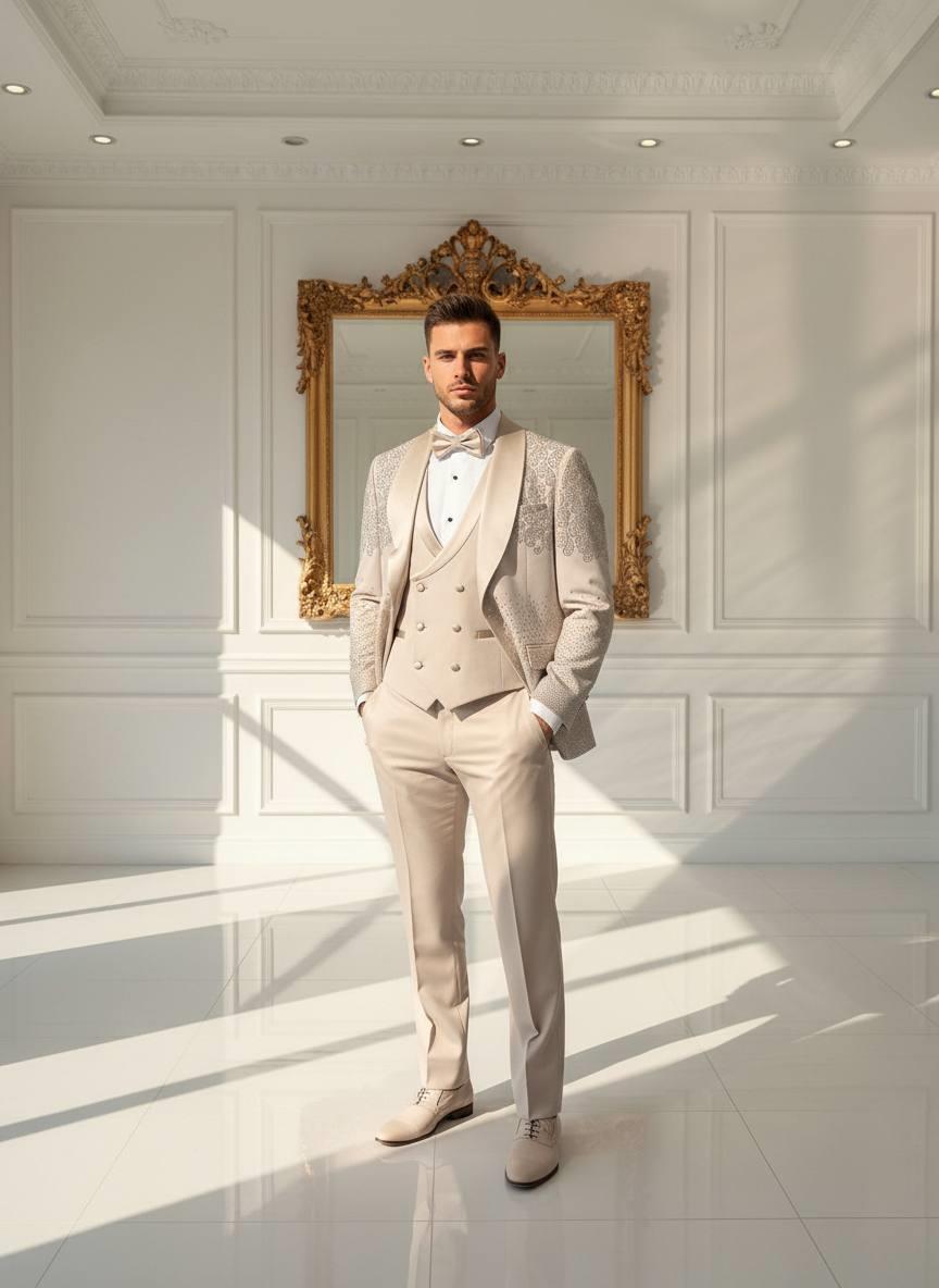 Damatlık İtalyan Kesim Slim Fit Taşlı Krem SD42214