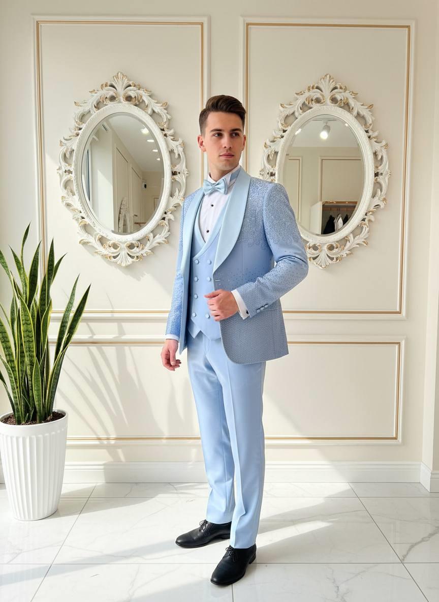 Damatlık İtalyan Kesim Slim Fit Taşlı Buz Mavisi SD42213