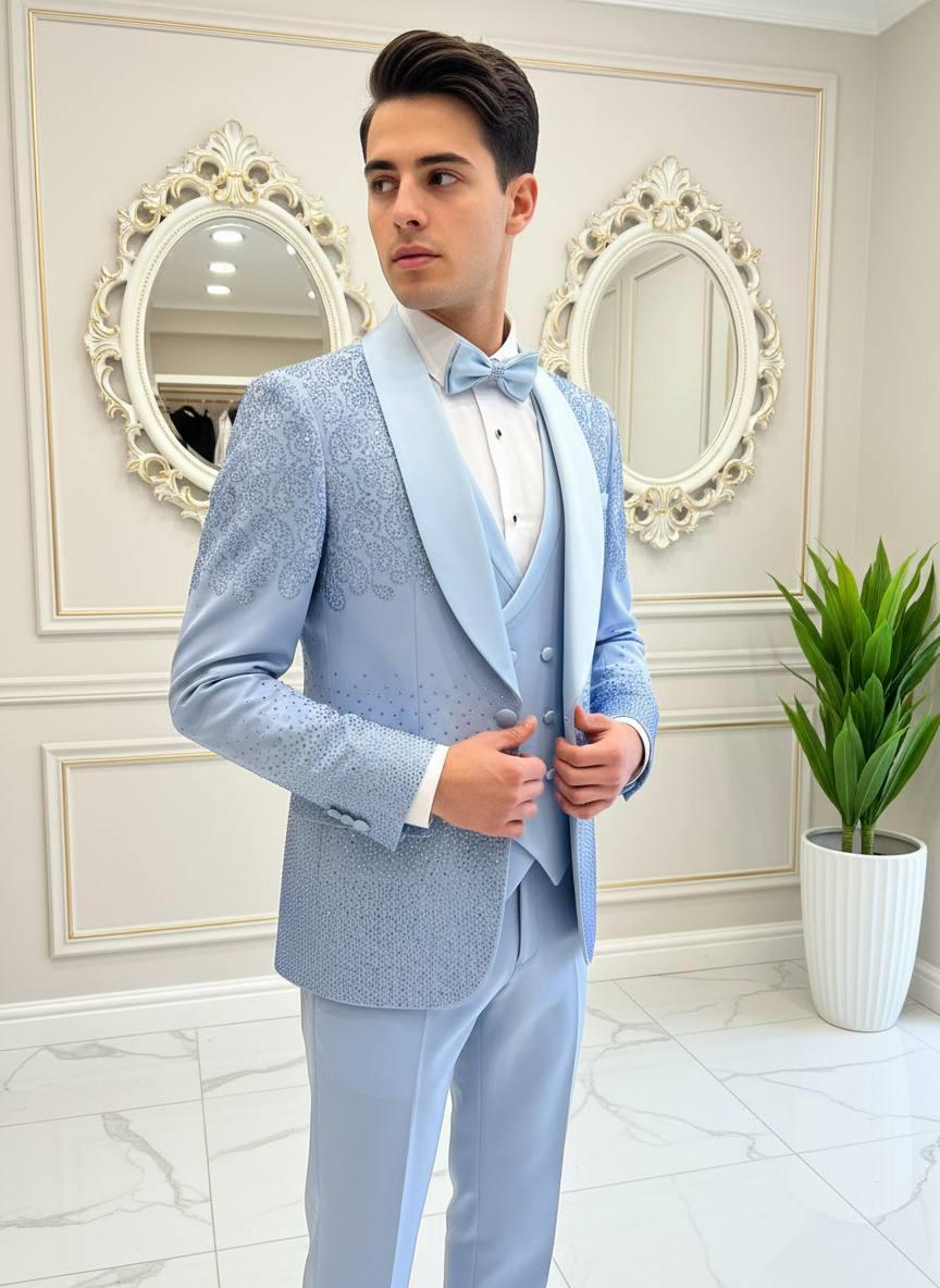 Damatlık İtalyan Kesim Slim Fit Taşlı Buz Mavisi SD42213