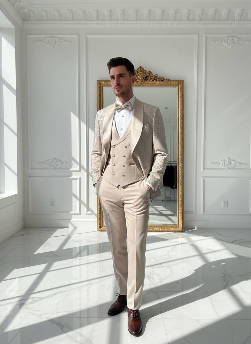 Damatlık İtalyan Kesim Slim Fit Taşlı Krem SD42214