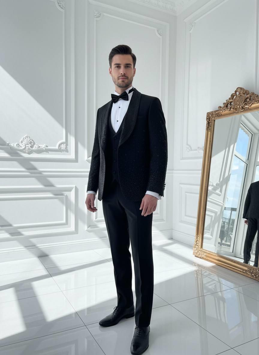 Damatlık İtalyan Kesim Slim Fit Taşlı Siyah SD42209