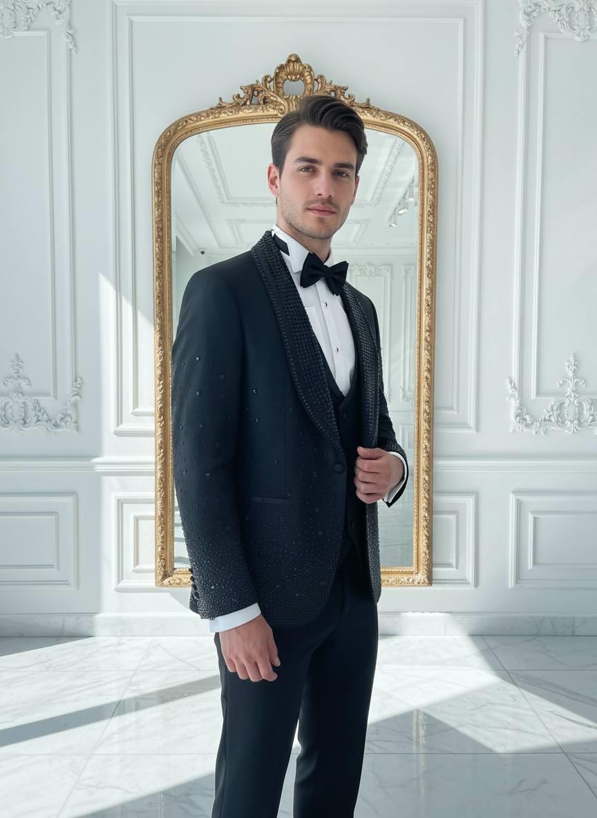 Damatlık İtalyan Kesim Slim Fit Taşlı Siyah SD42209