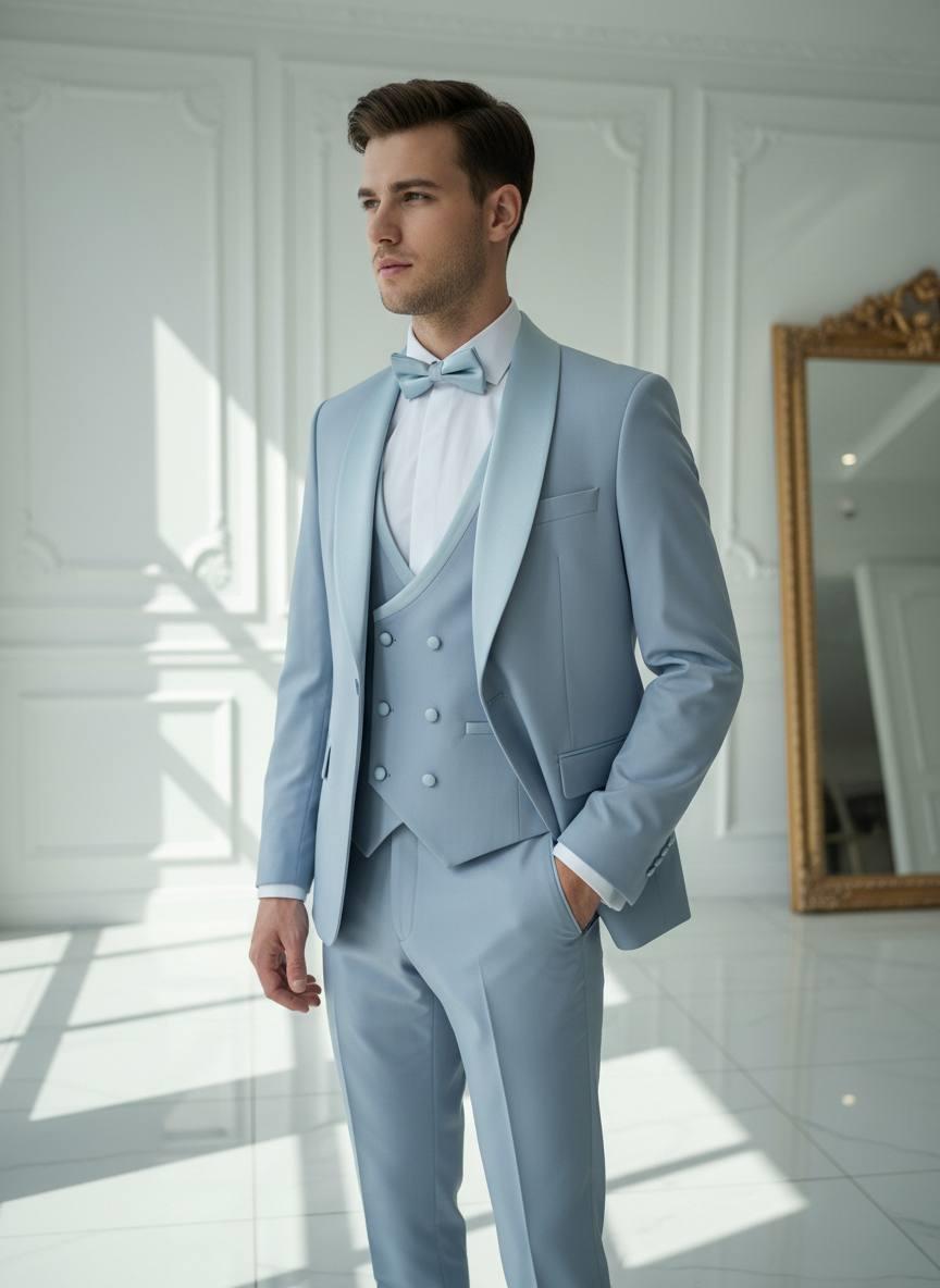 Damatlık İtalyan Kesim Slim Fit Yelekli Buz Mavisi SD42217