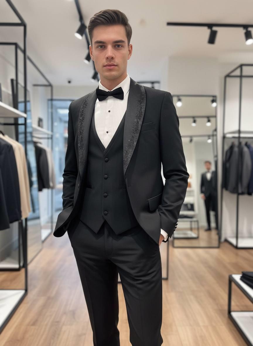 Damatlık İtalyan Kesim Slim Fit Yelekli Yaka Taşlı Siyah SD42221