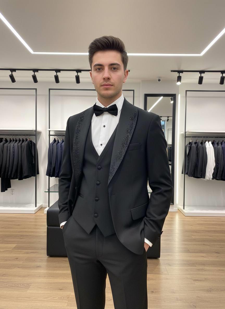 Damatlık İtalyan Kesim Slim Fit Yelekli Yaka Taşlı Siyah SD42221
