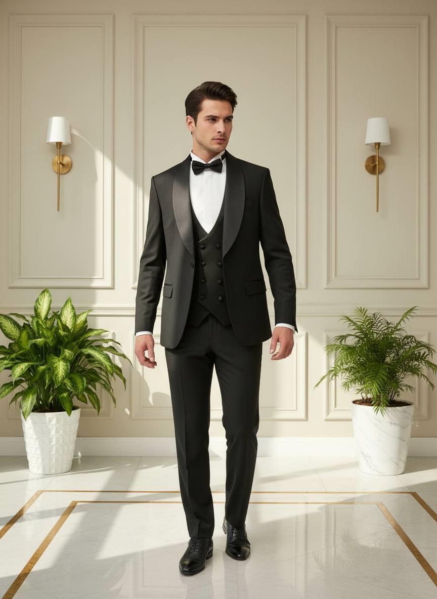 Damatlık İtalyan Kesim Slim Fit Yelekli Şal Yaka Siyah SD42220
