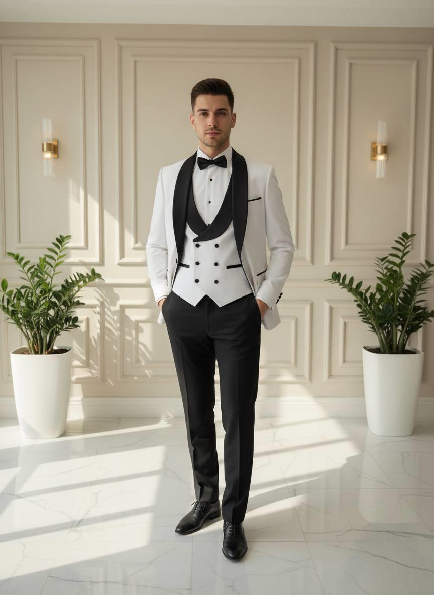 Damatlık İtalyan Kesim Slim Fit Yelekli Beyaz SD42216