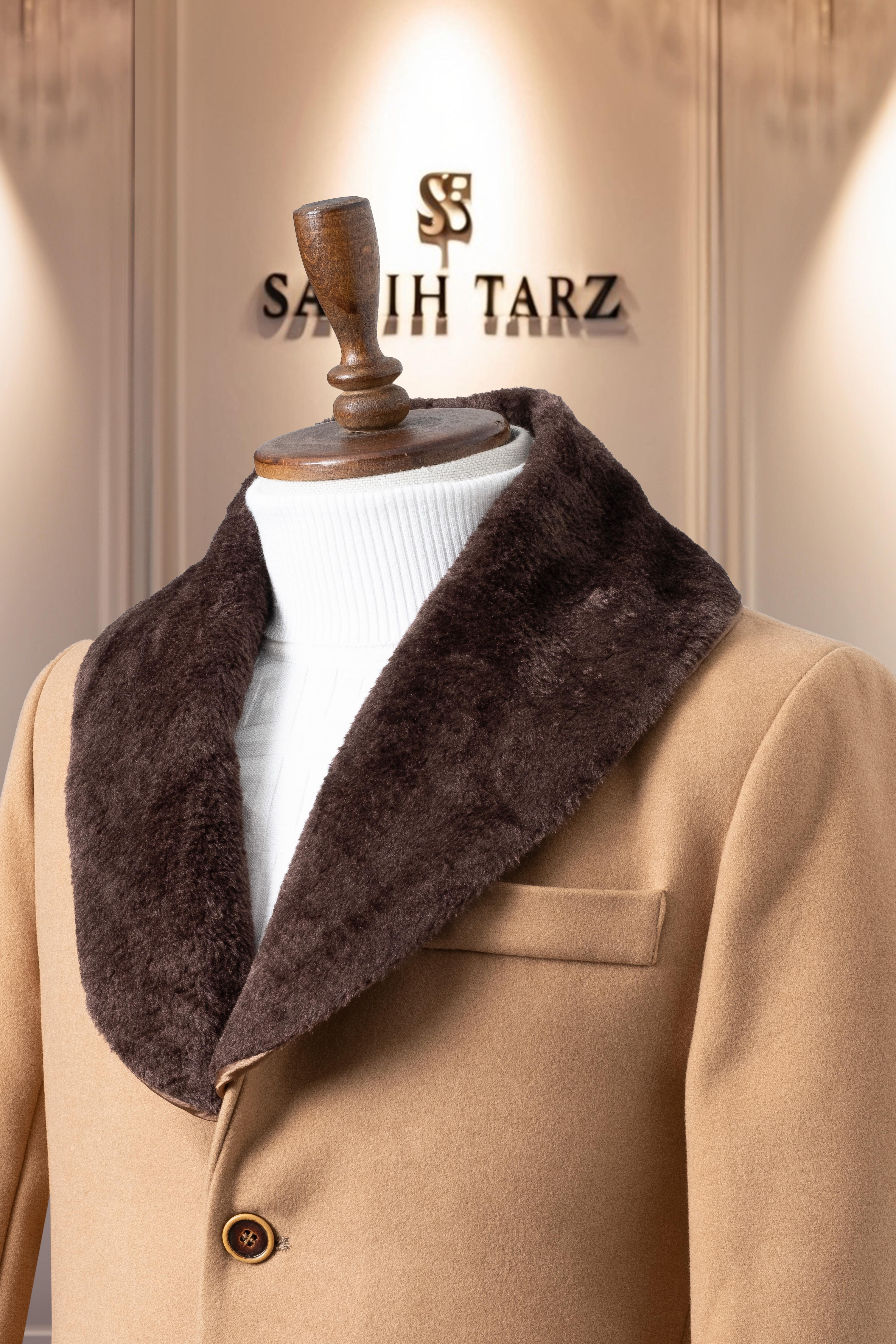Erkek Kaşe Kaban Kaşmir Camel Kürklü SD41083