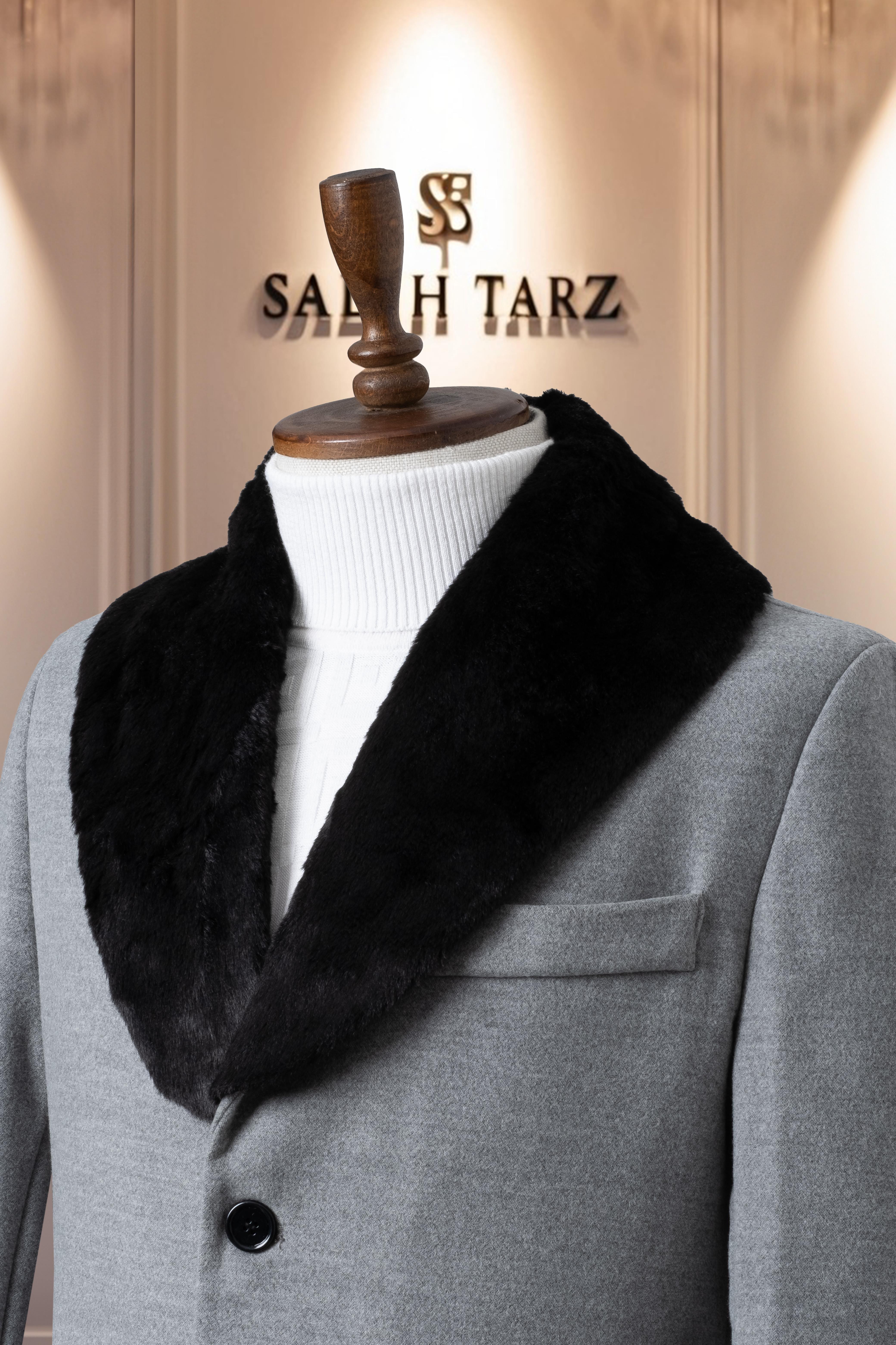 Erkek Kaşe Kaban Kaşmir Gri Kürklü SD41075