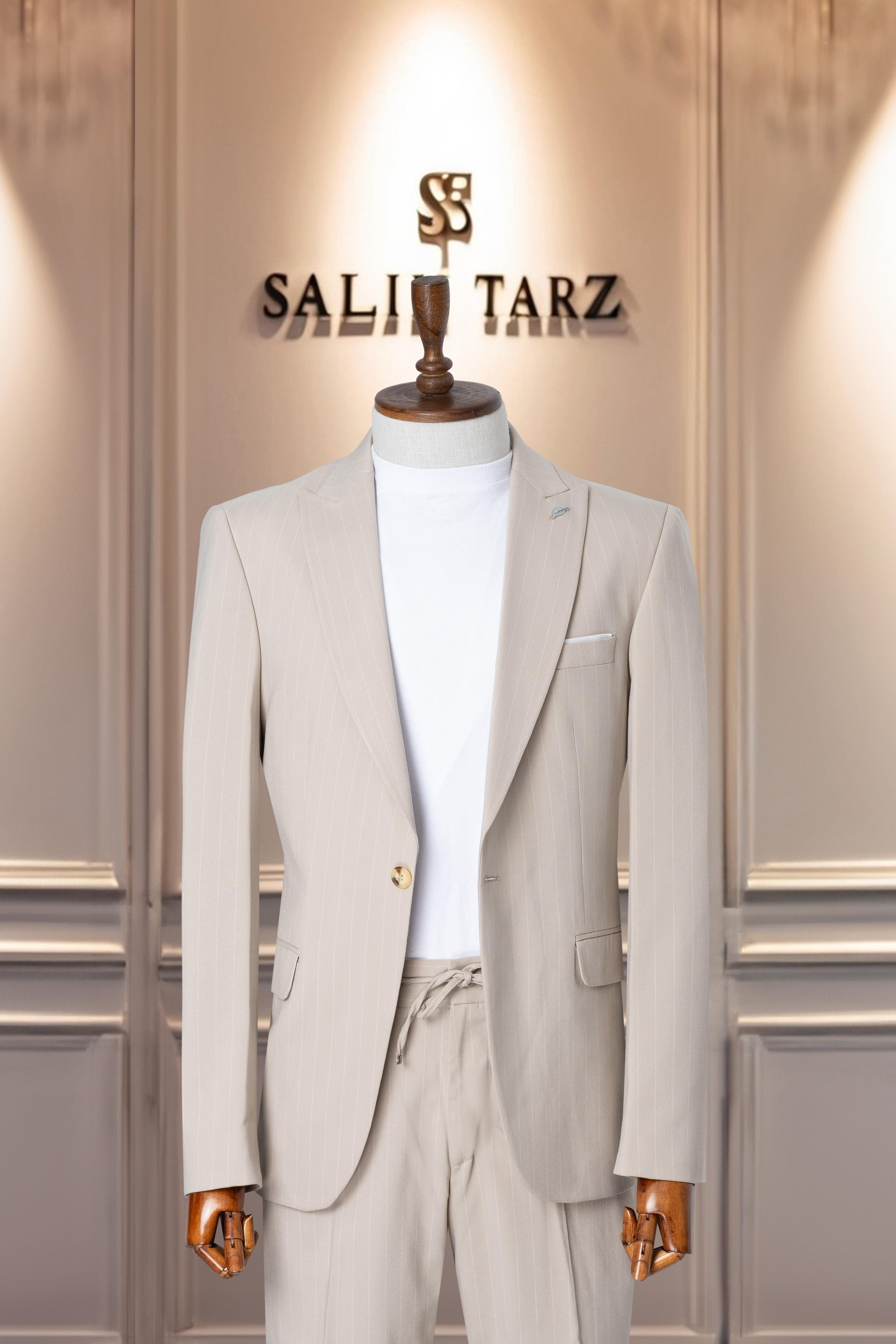 Takım Elbise İtalyan Kesim Spor İpli SlimFit Çizgili Krem SD41085