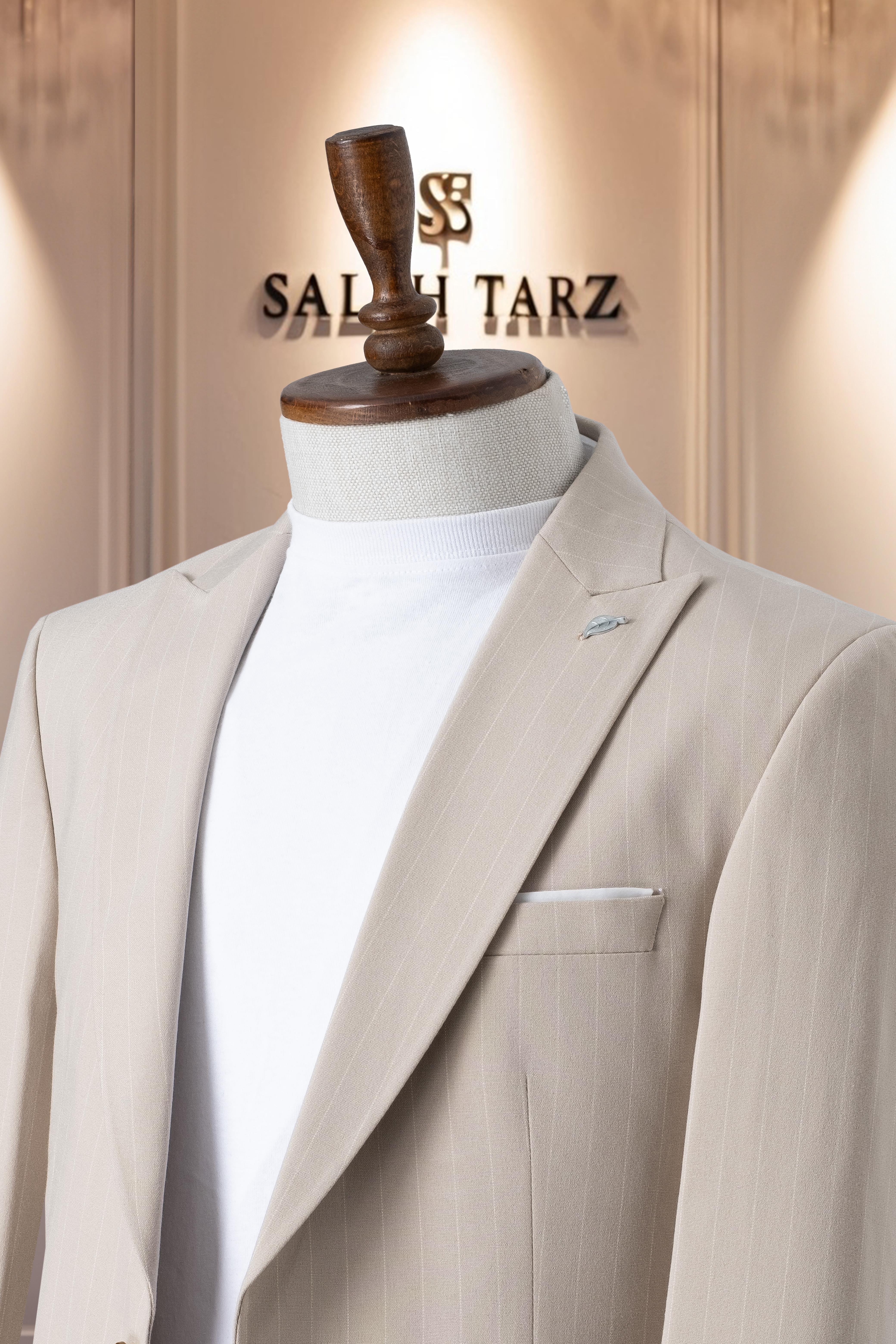 Takım Elbise İtalyan Kesim Spor İpli SlimFit Çizgili Krem SD41085