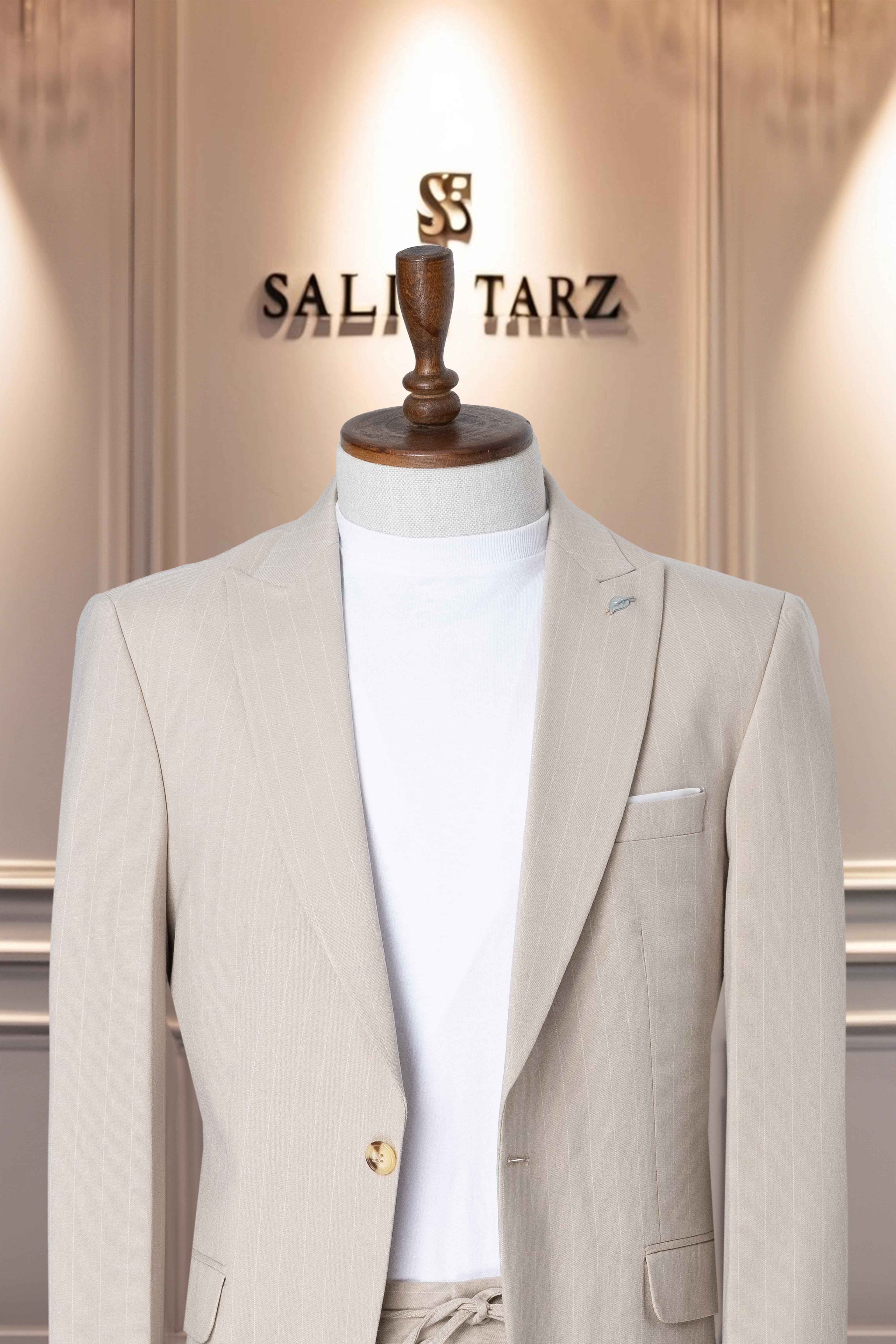 Takım Elbise İtalyan Kesim Spor İpli SlimFit Çizgili Krem SD41085