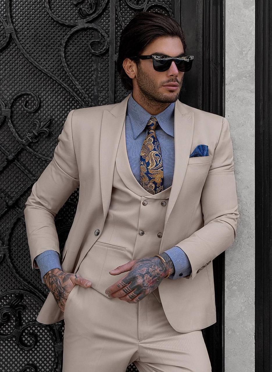 Takım Elbise İtalyan Kesim Yelekli Krem SD41027