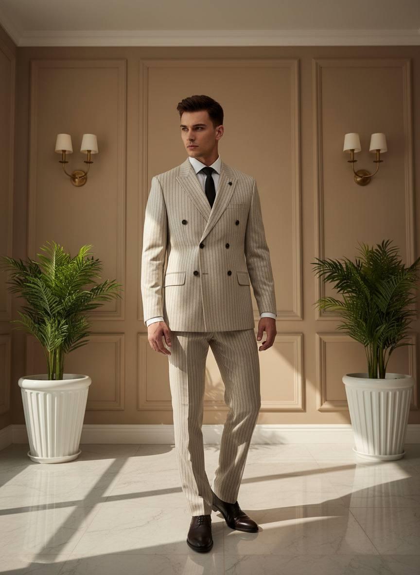 Takım Elbise Kruvaze SlimFit K.Krem Çizgili SD42223