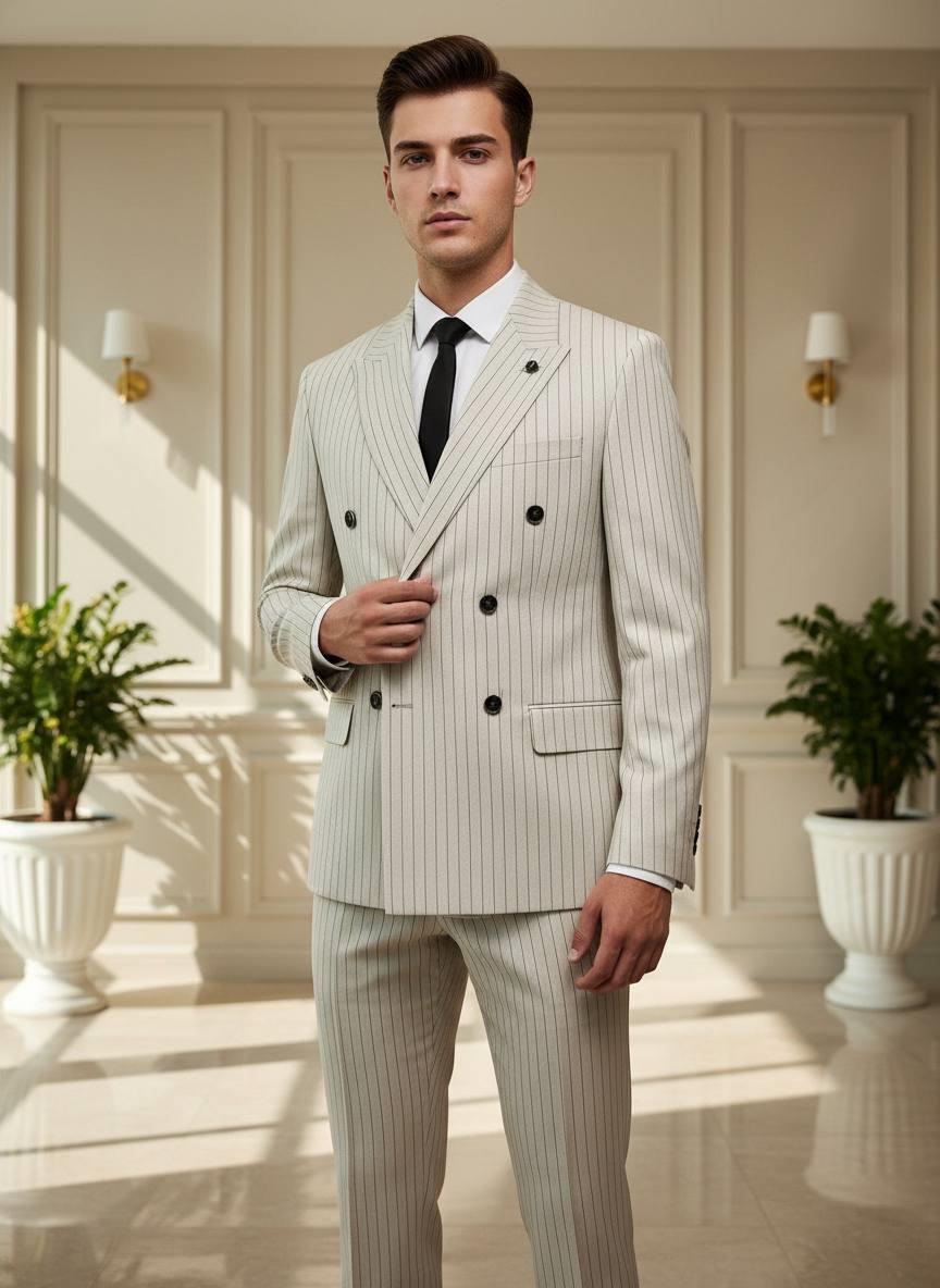 Takım Elbise Kruvaze SlimFit K.Krem Çizgili SD42223
