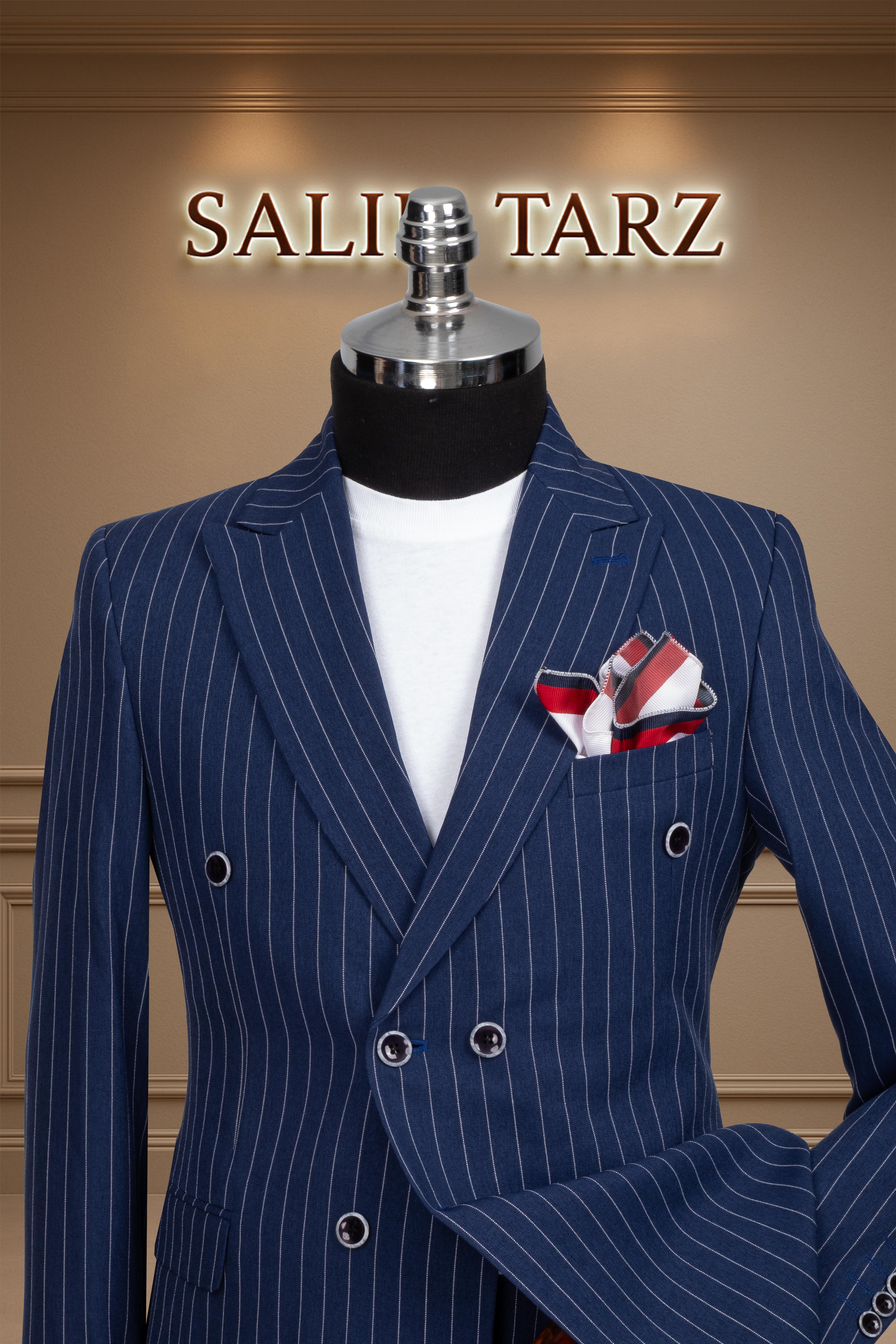 Takım Elbise Kruvaze SlimFit Lacivert Çizgili SD42177