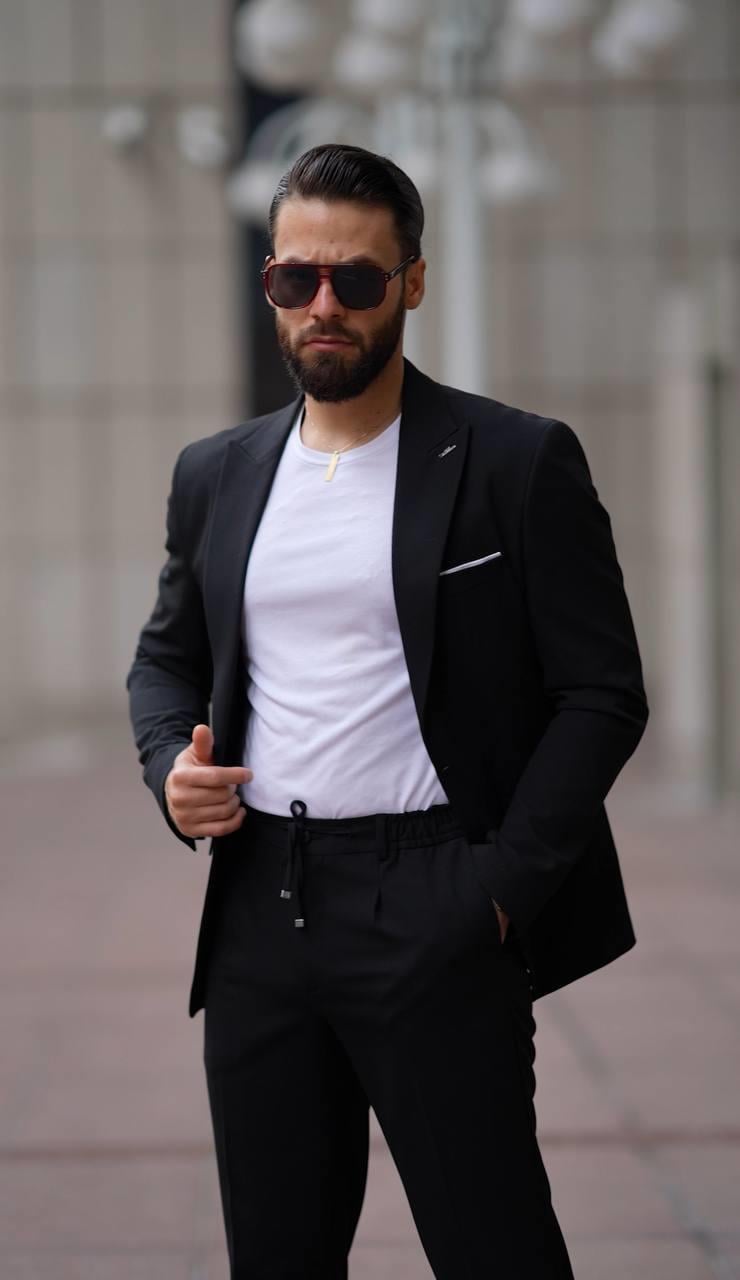 Takım Elbise Siyah Spor İpli - Slım Fıt SD4189