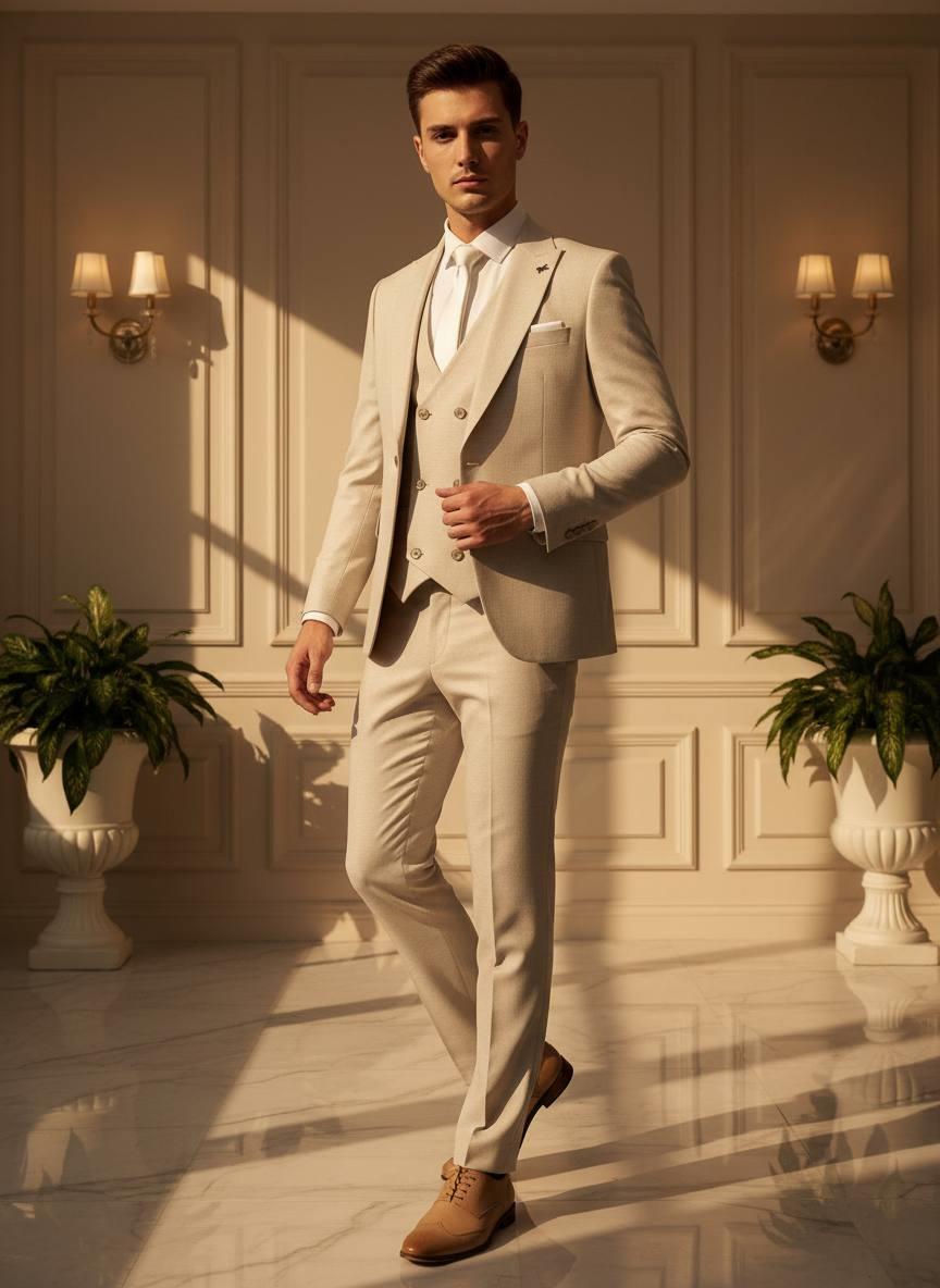 Takım Elbise Yelekli SlimFit Krem Çizgili SD42224