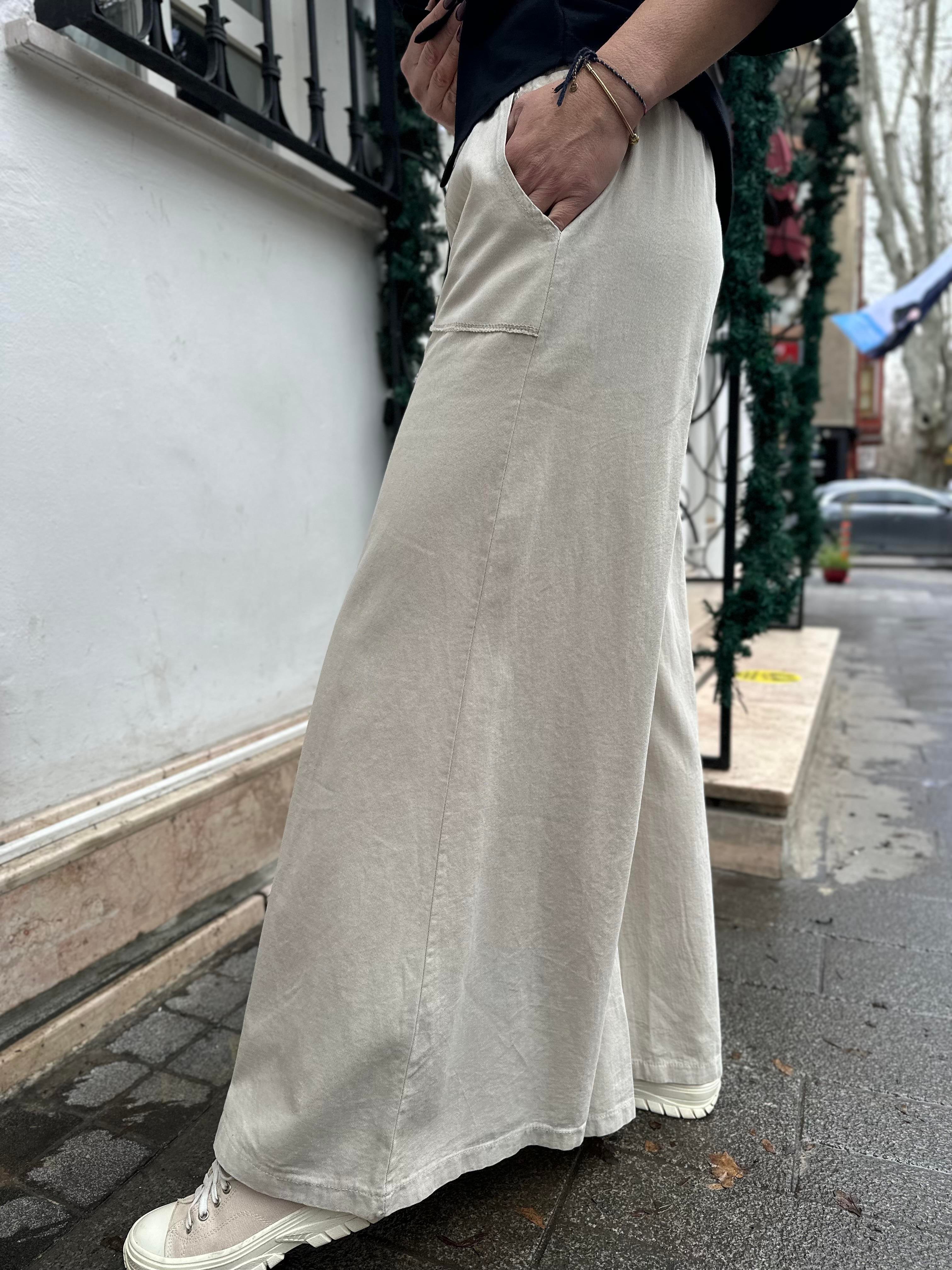 Bej Gabardin Bol Paça Pantolon