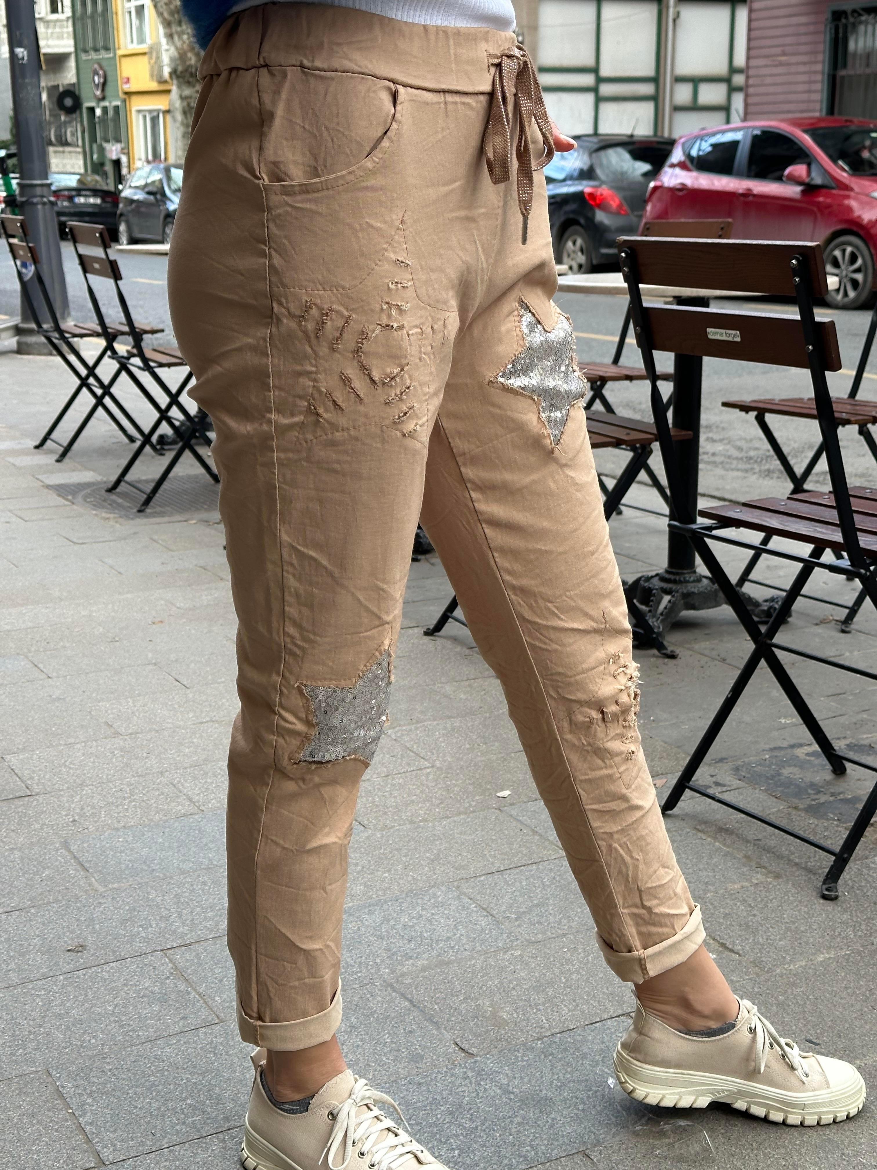 Bej Yıldız Payetli İthal Likralı Pantolon