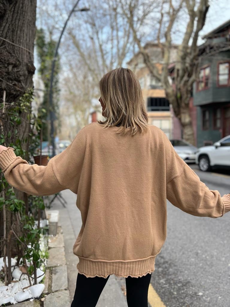 Camel Şerit Detay Oversize Kazak