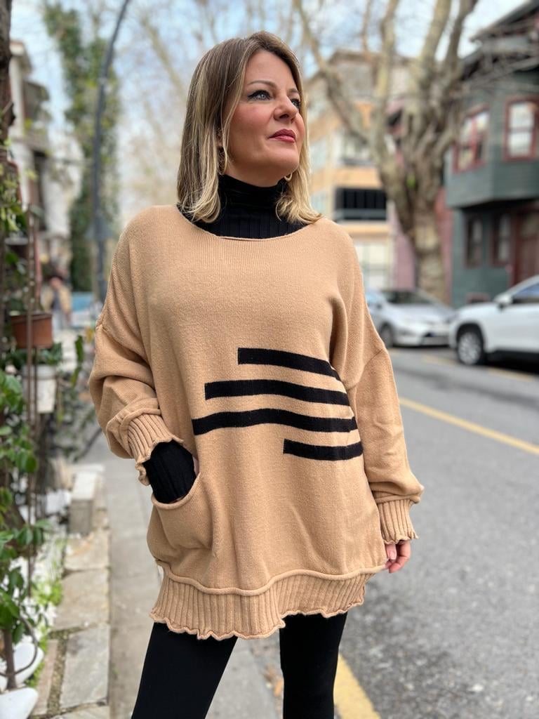 Camel Şerit Detay Oversize Kazak