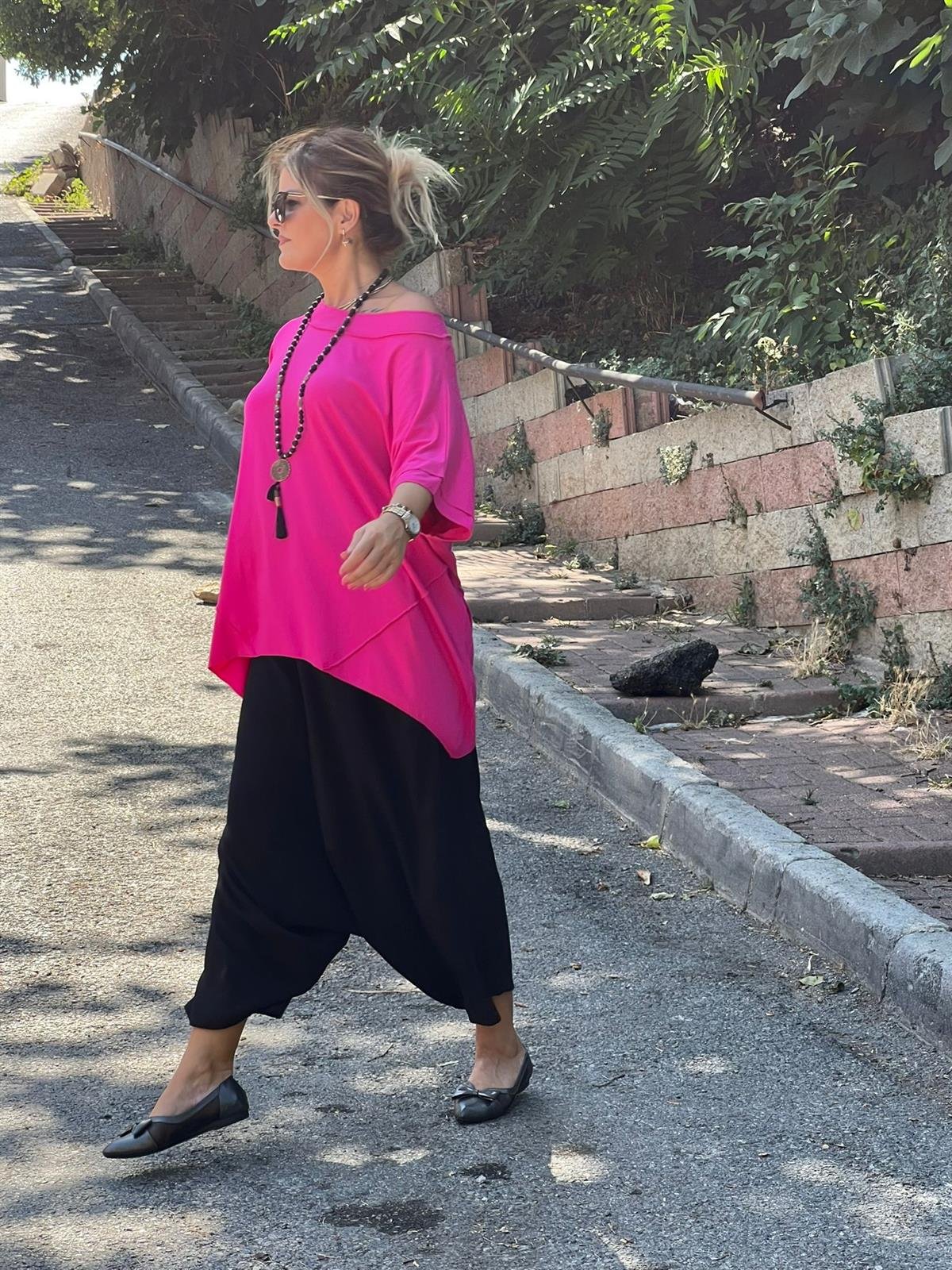 Fuşya Kayık Yaka Kısa Kol Bluz