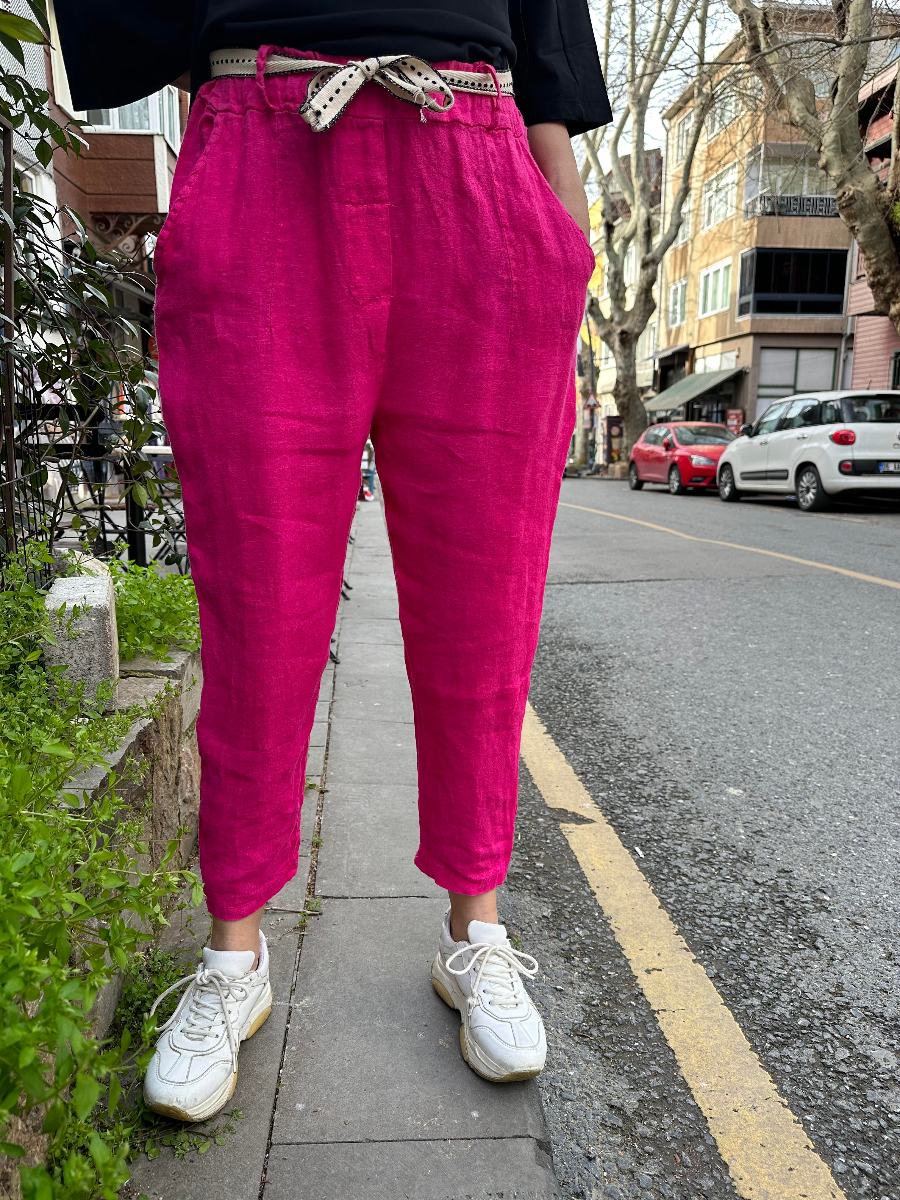 Fuşya Kemerli Keten Pantolon