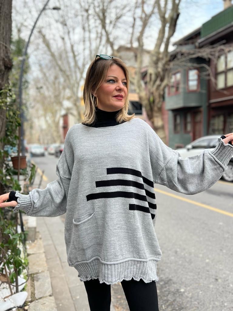 Gri Şerit Detay Oversize Kazak