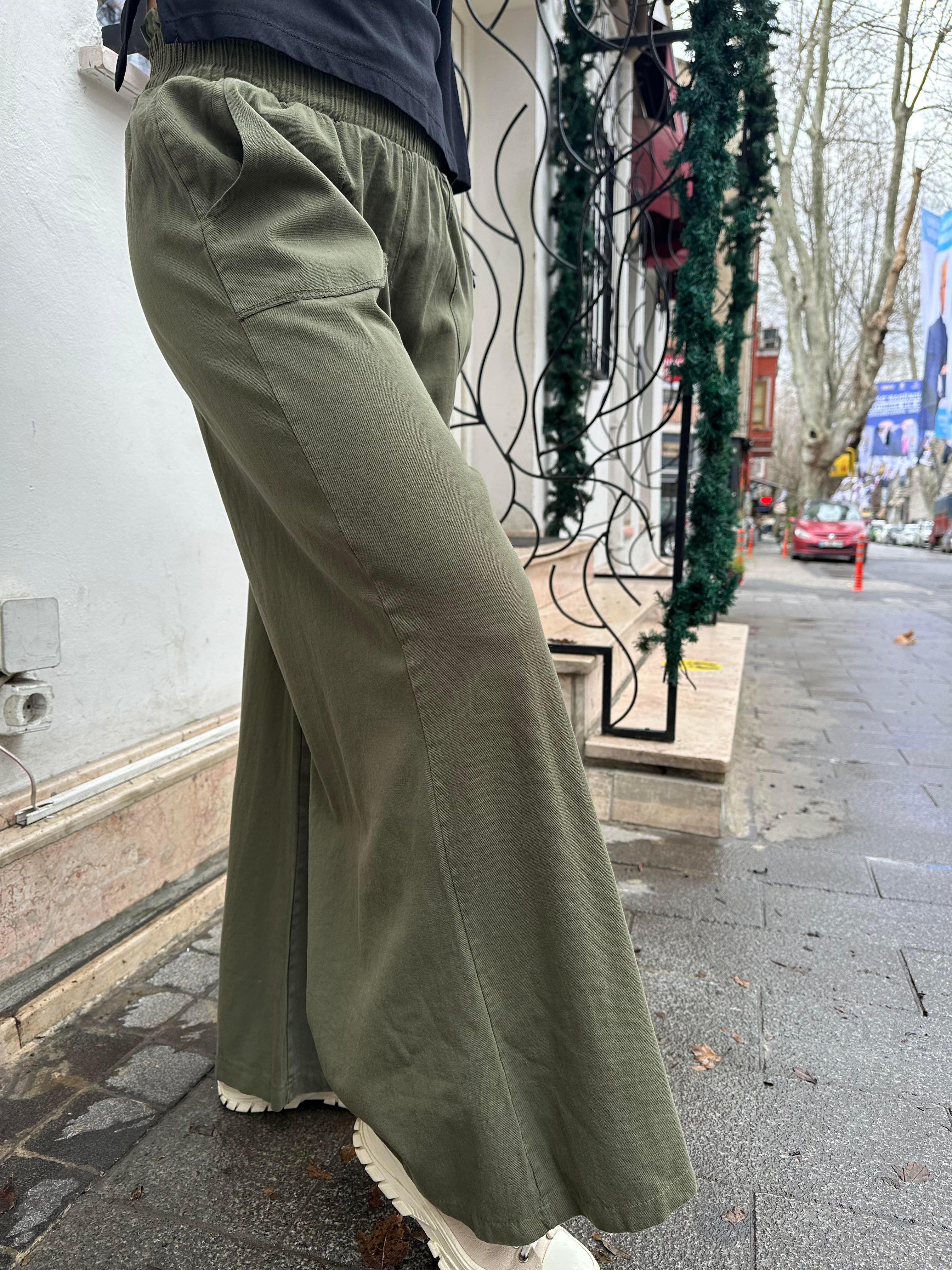 Haki Gabardin Bol Paça Pantolon