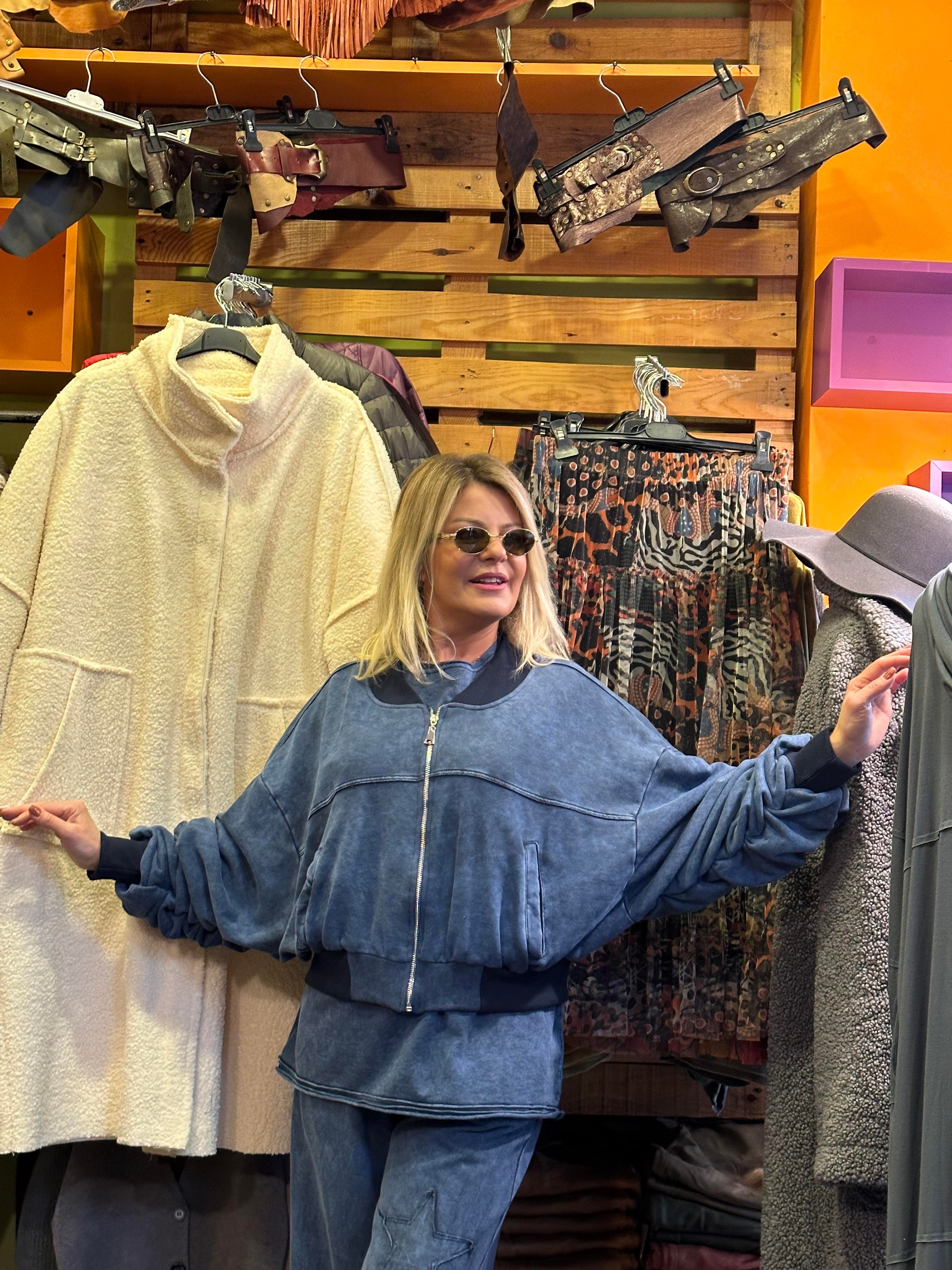 İndigo Yıkamalı Bomber Ceket