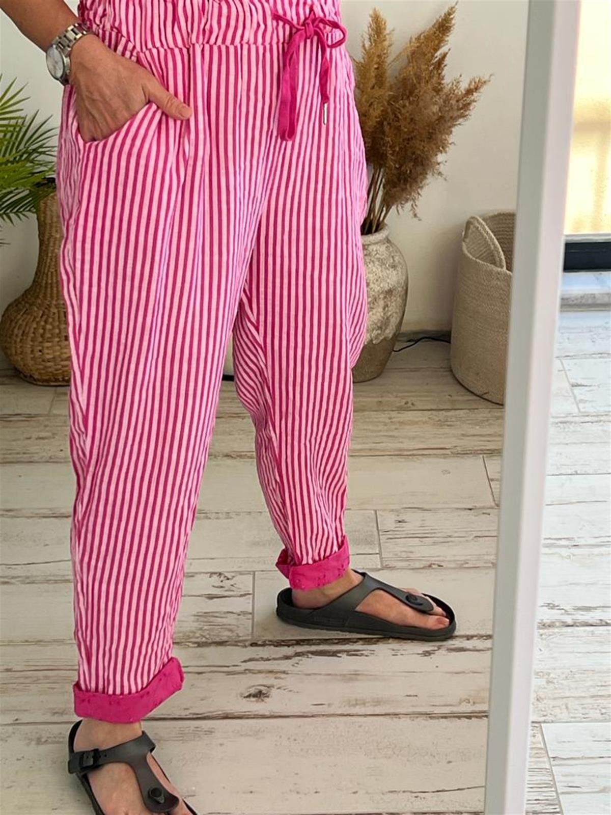 İthal Çizgili Paça Fisto Detay Keten Pantolon
