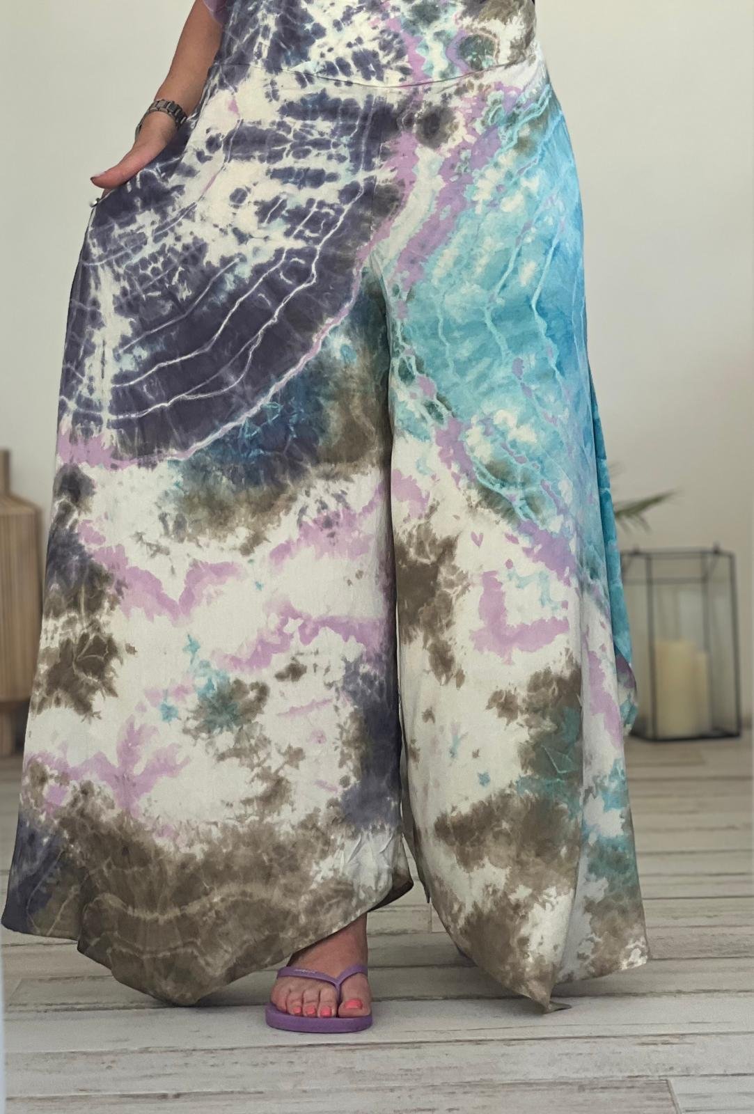 Lila Batik Yırtmaçlı Pantolon