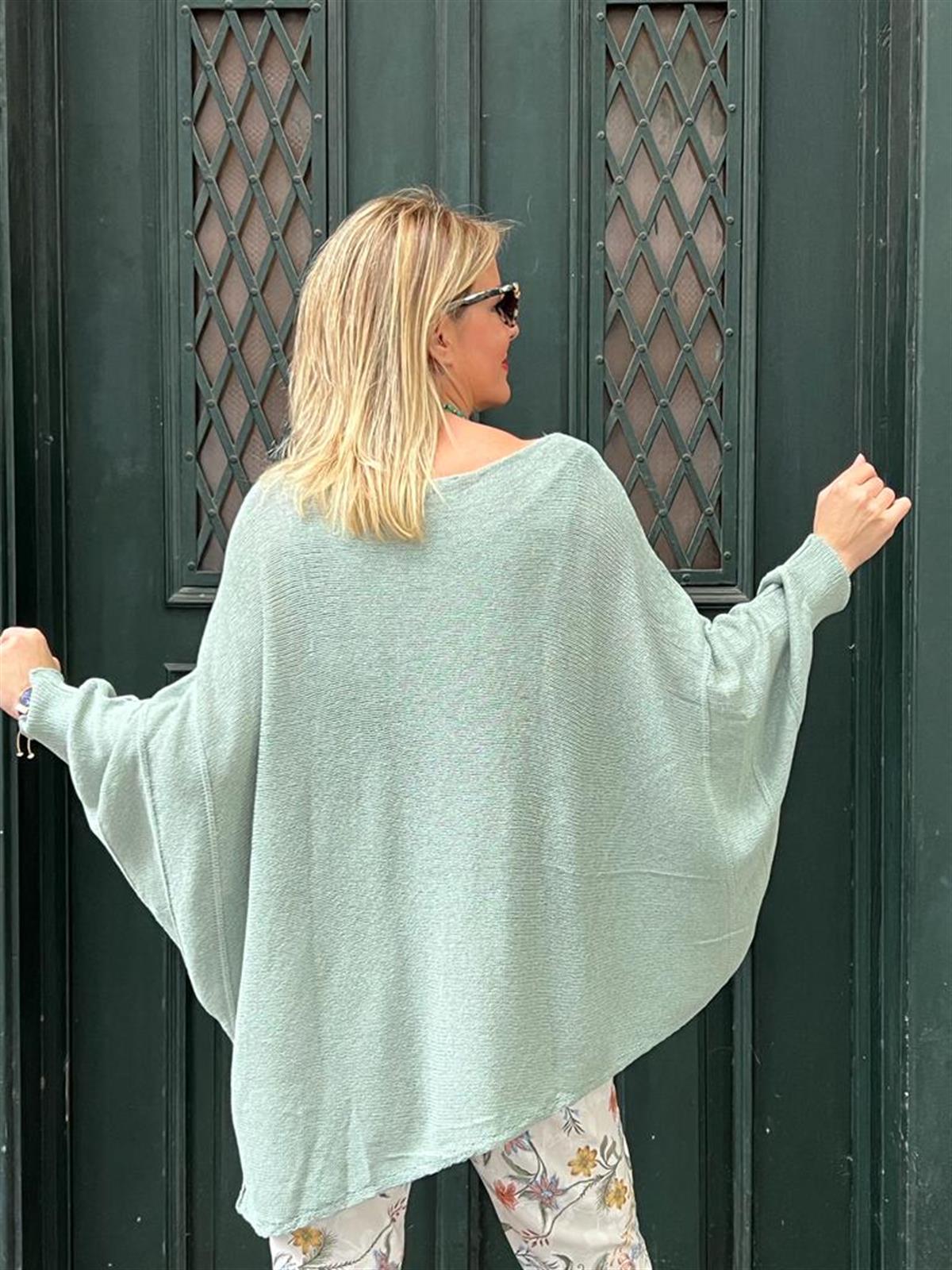 Mint Asimetrik Yarasa Kol Merserize Bluz