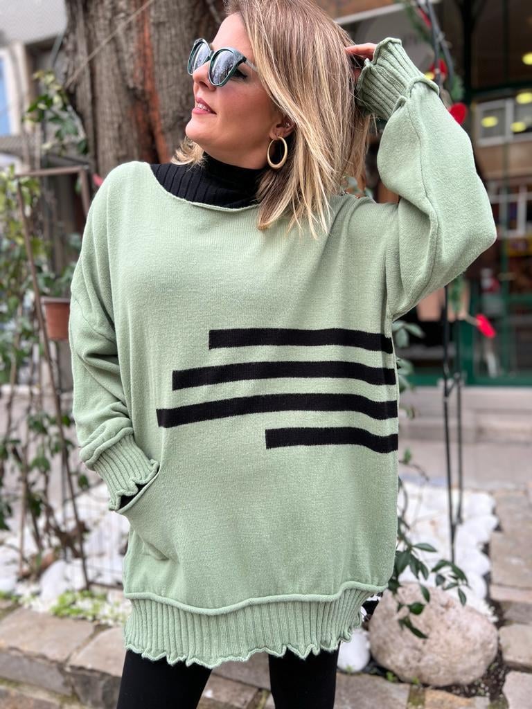 Mint Şerit Detay Oversize Kazak