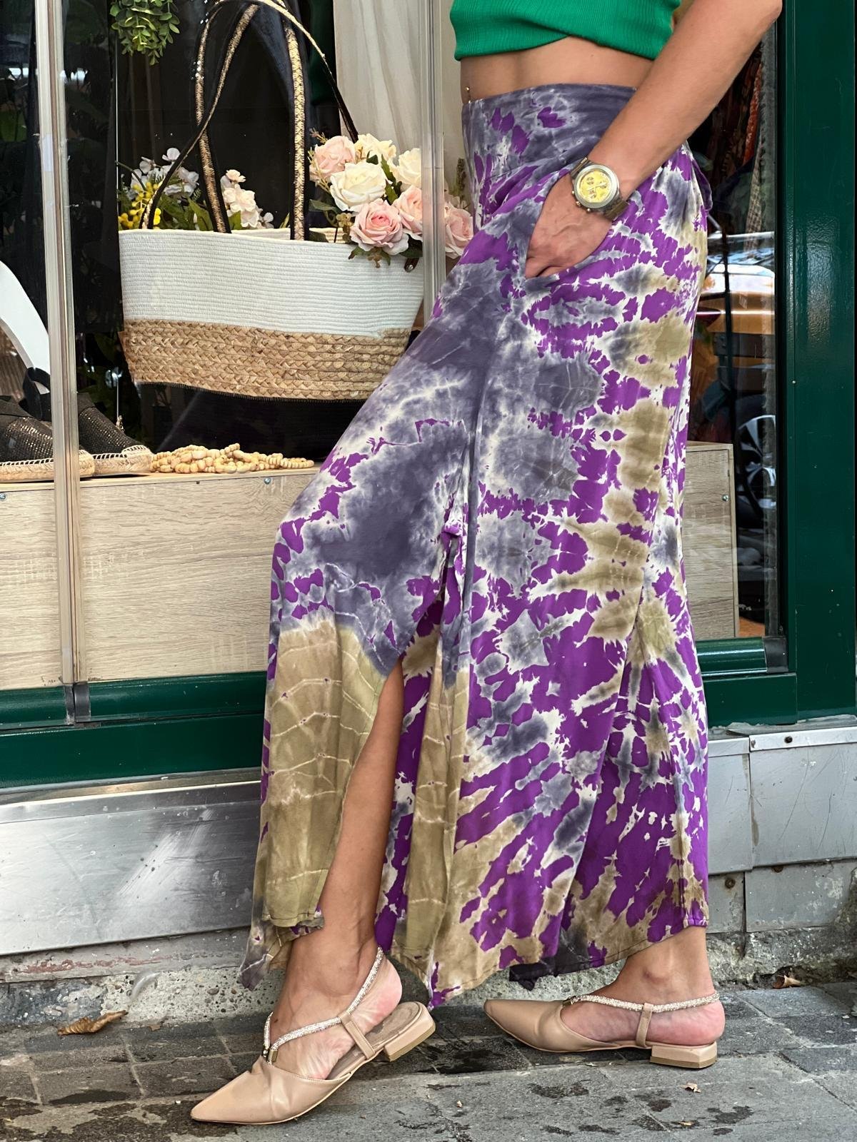 Mor Batik Yırtmaçlı Pantolon