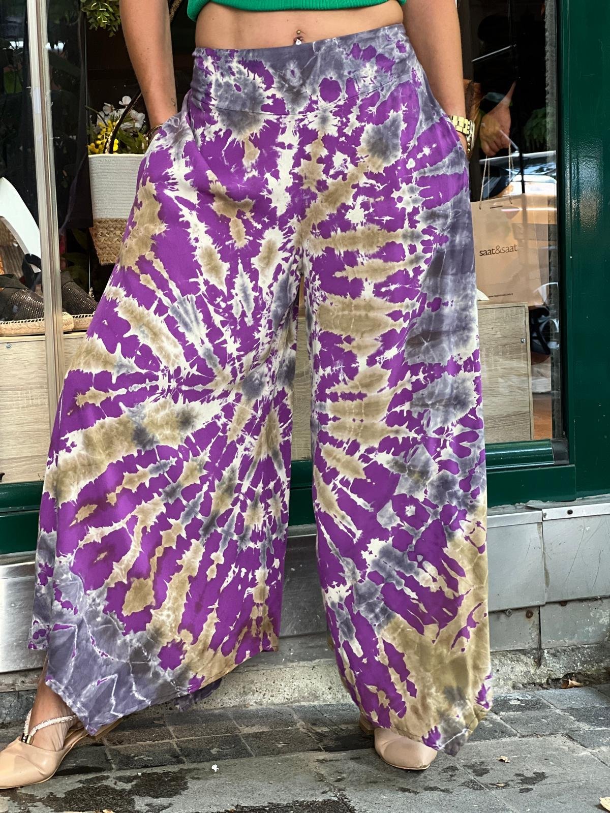 Mor Batik Yırtmaçlı Pantolon