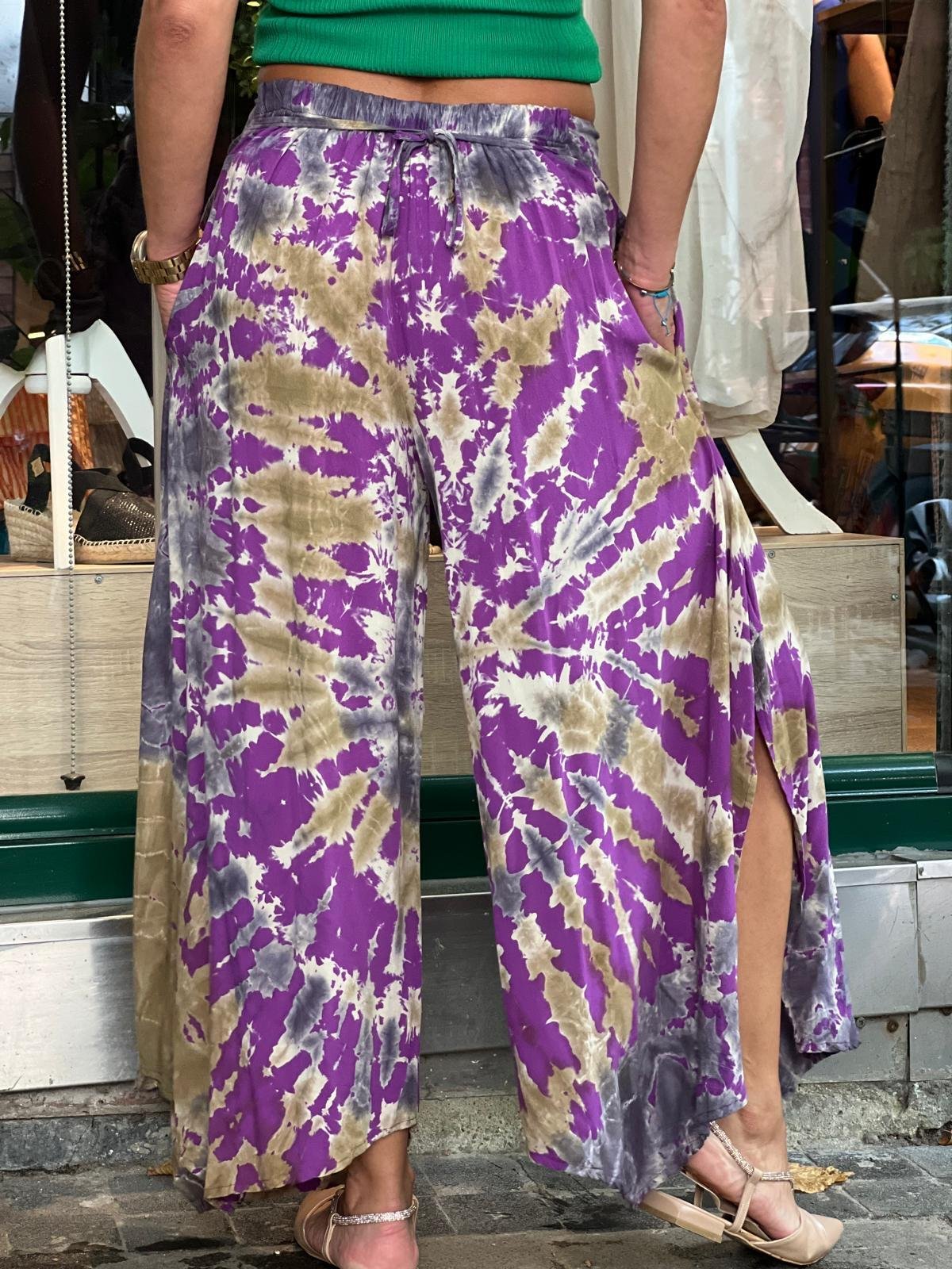 Mor Batik Yırtmaçlı Pantolon