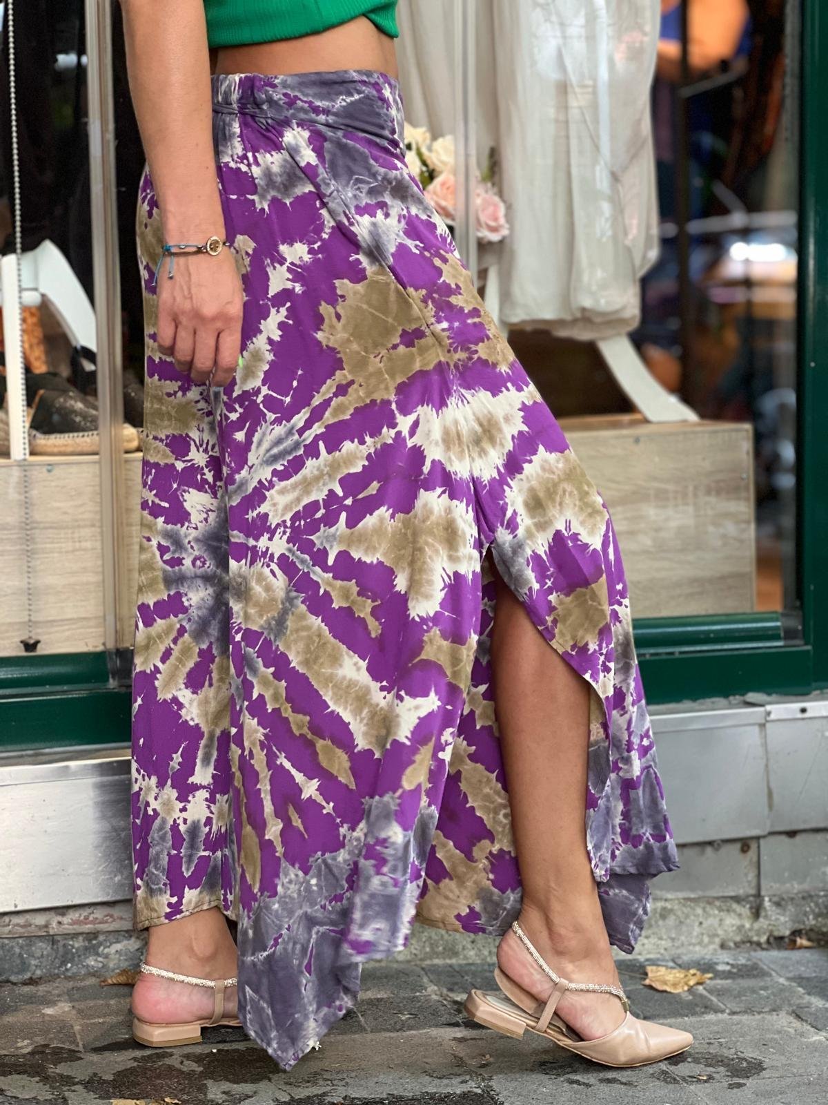 Mor Batik Yırtmaçlı Pantolon