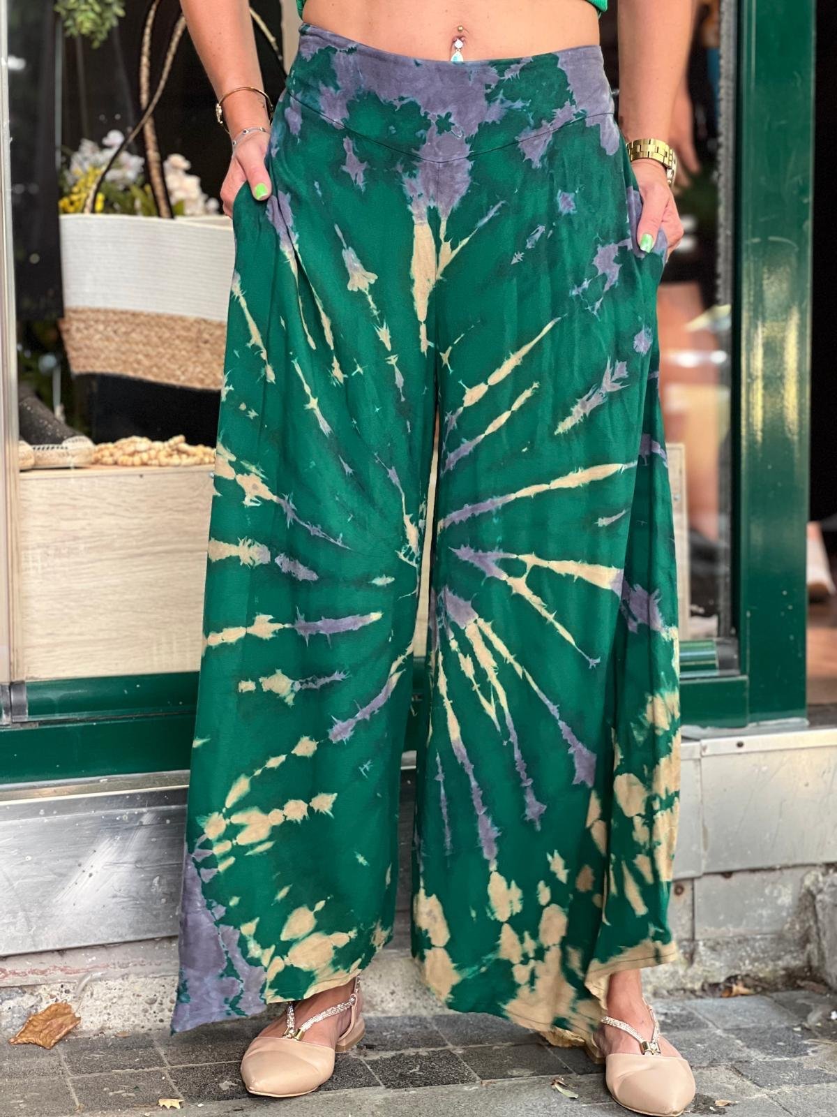 Ördek Yeşili Batik Yırtmaçlı Pantolon