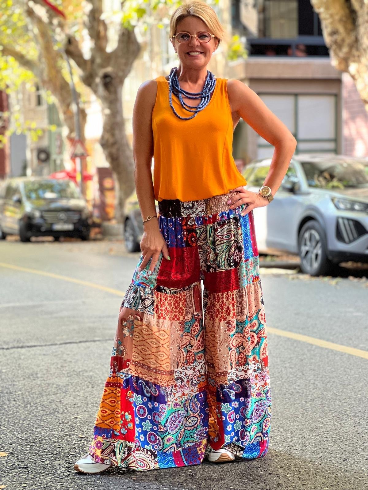 Patchwork Bol Paça Pileli Otantik Pantolon