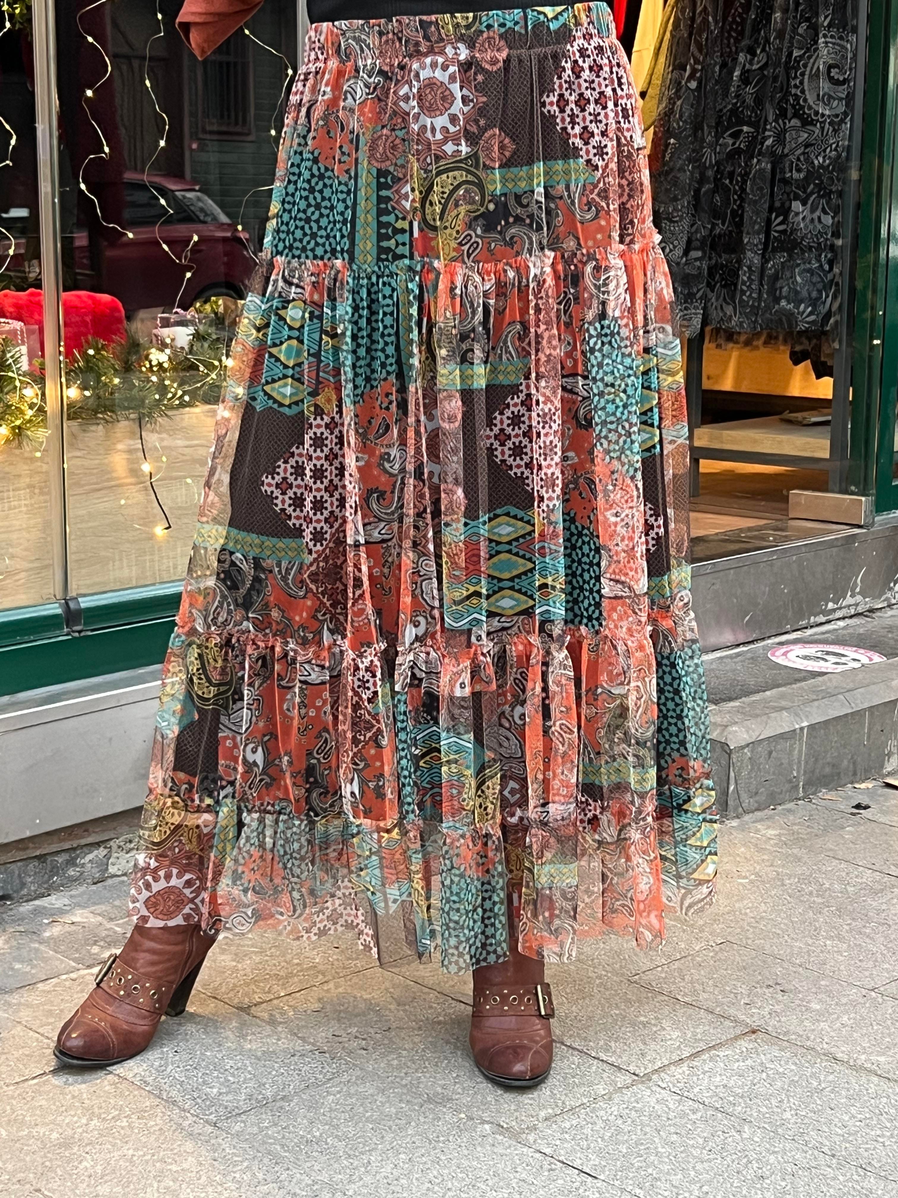 Patchwork Desenli Tül Etek