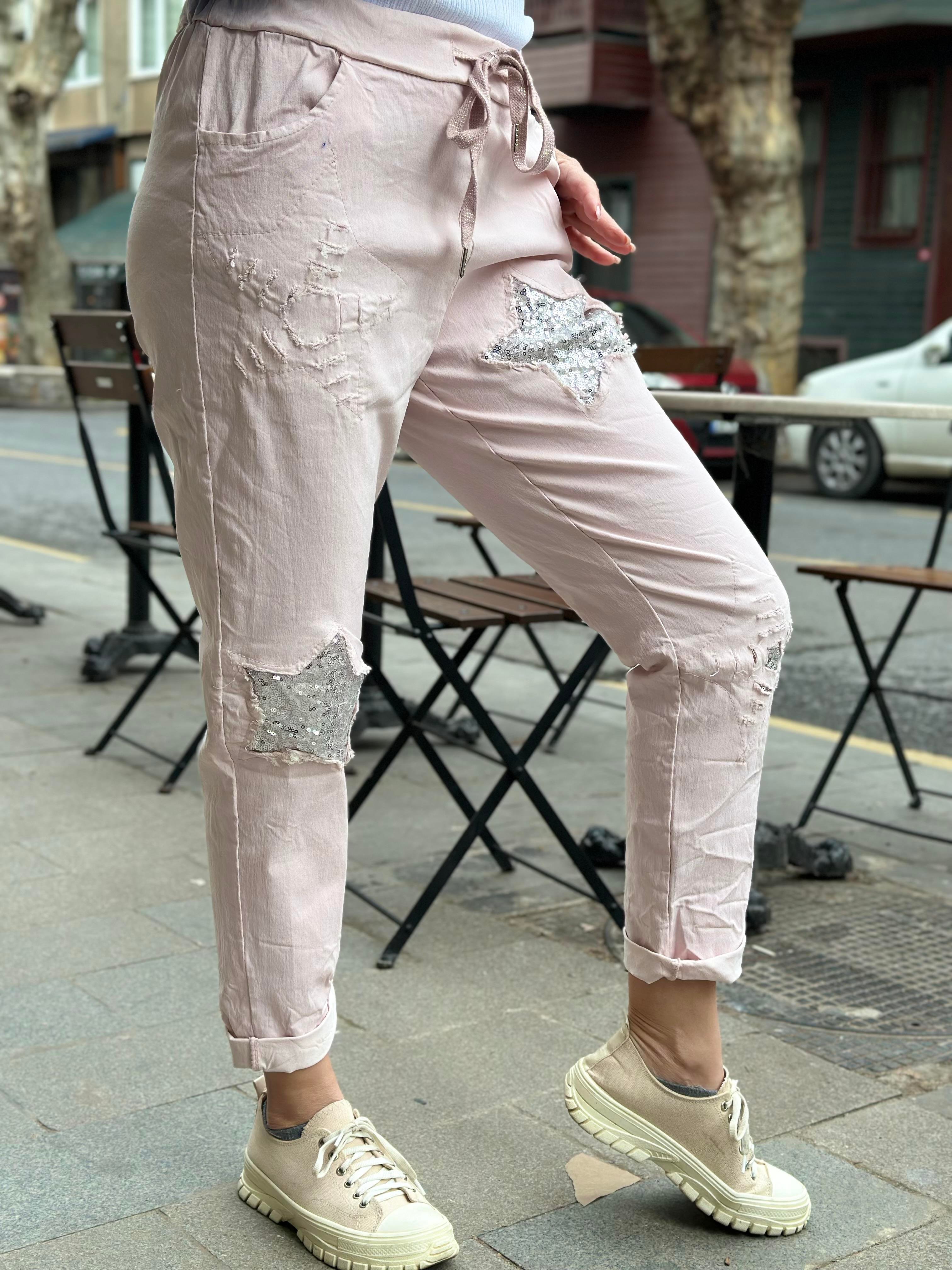 Pudra Yıldız Payetli İthal Likralı Pantolon