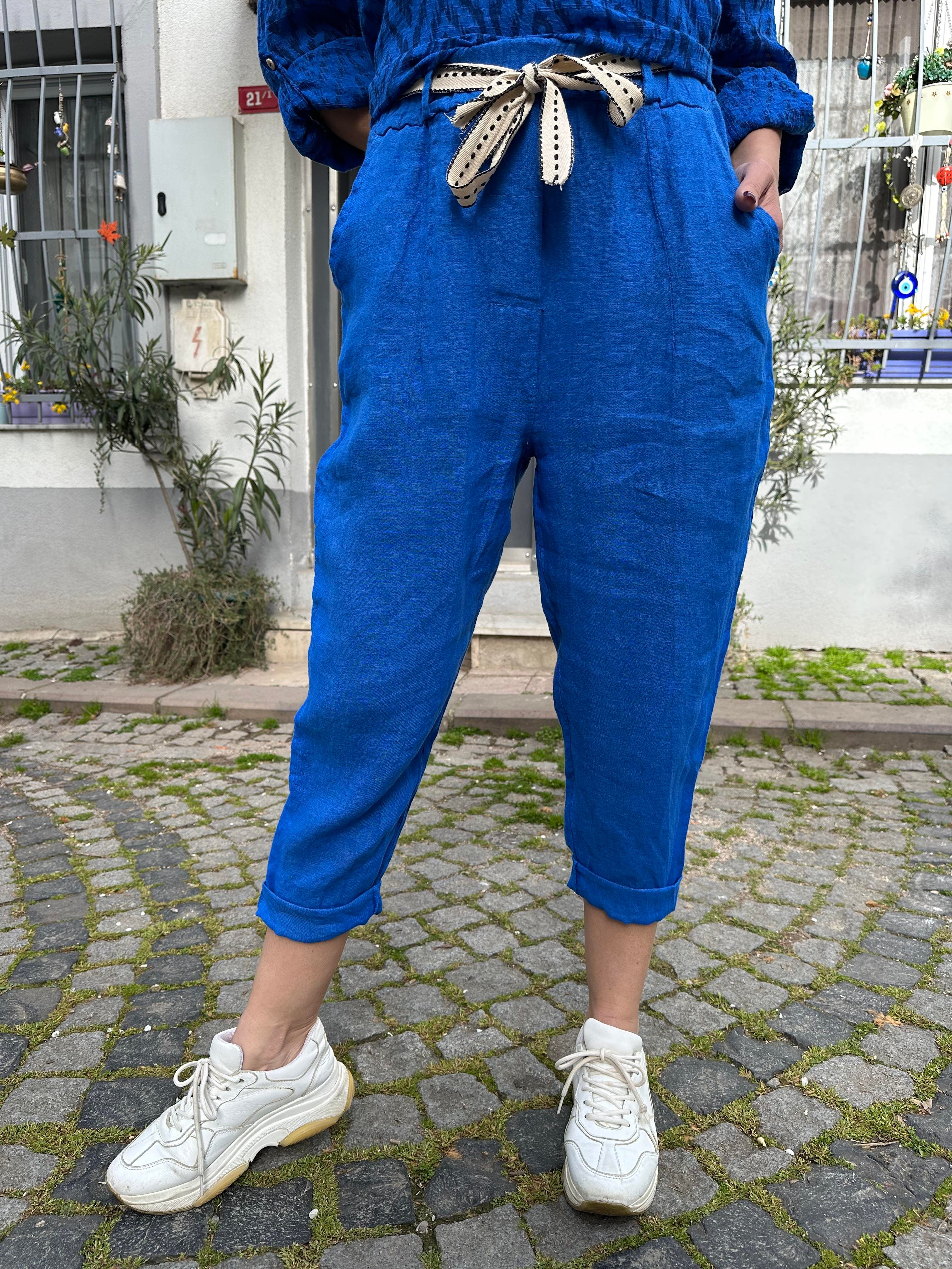 Saks Kemerli Keten Pantolon