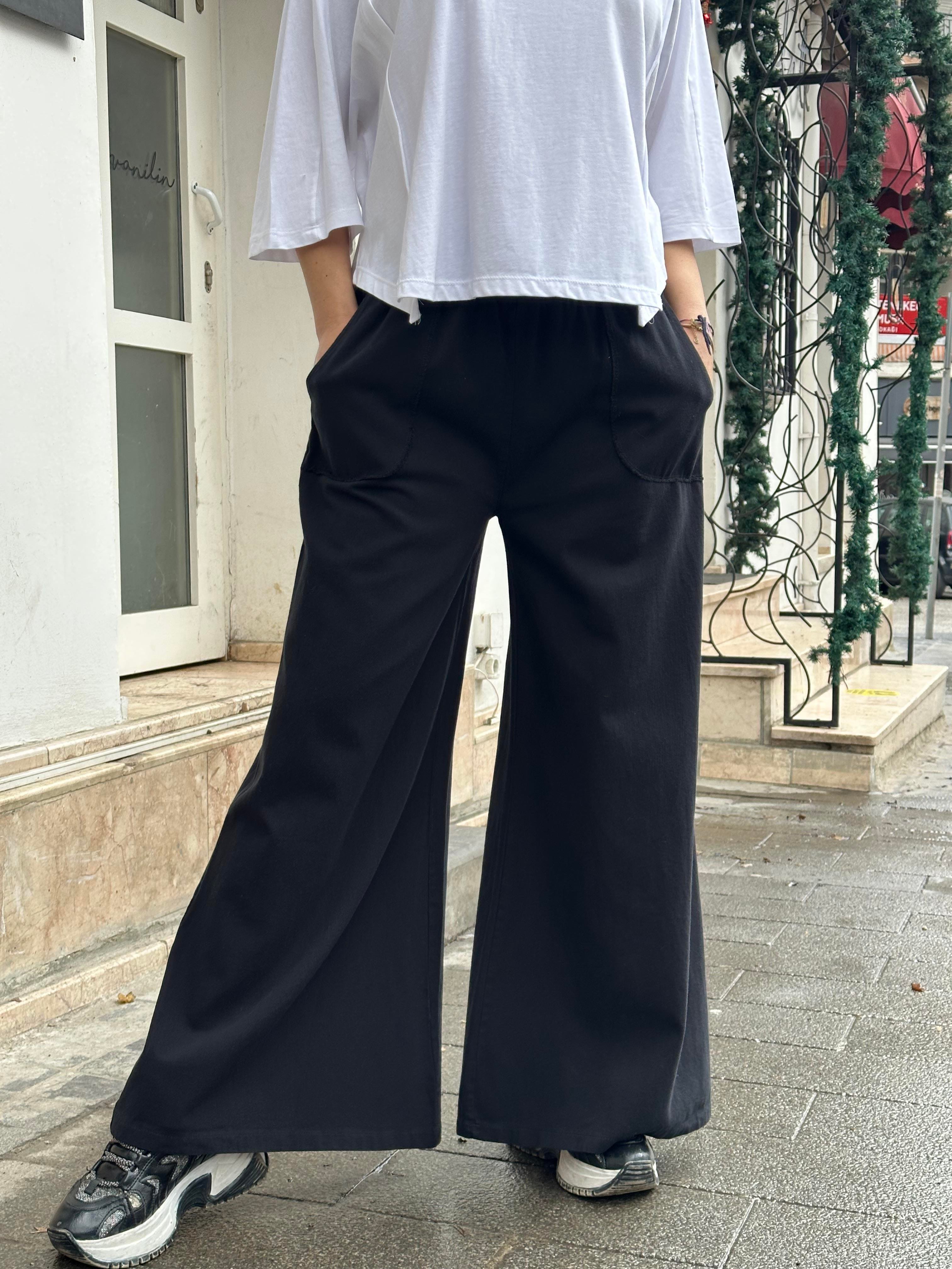 Siyah Gabardin Bol Paça Pantolon