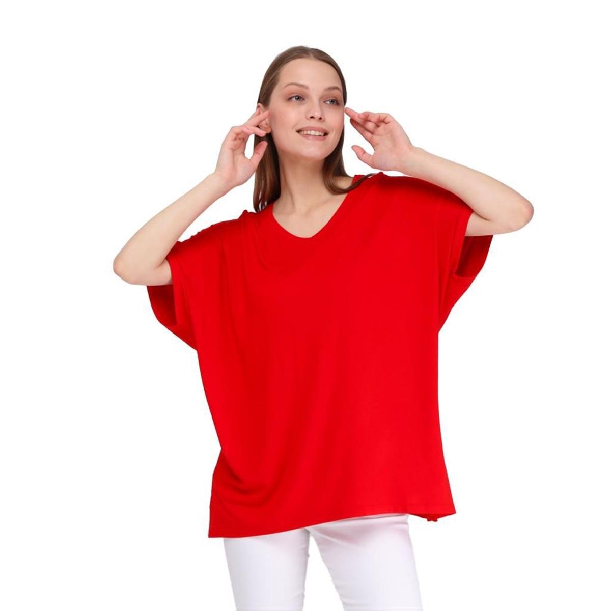V Yaka Yandan Yırtmaçlı Kısa Kol Bluz
