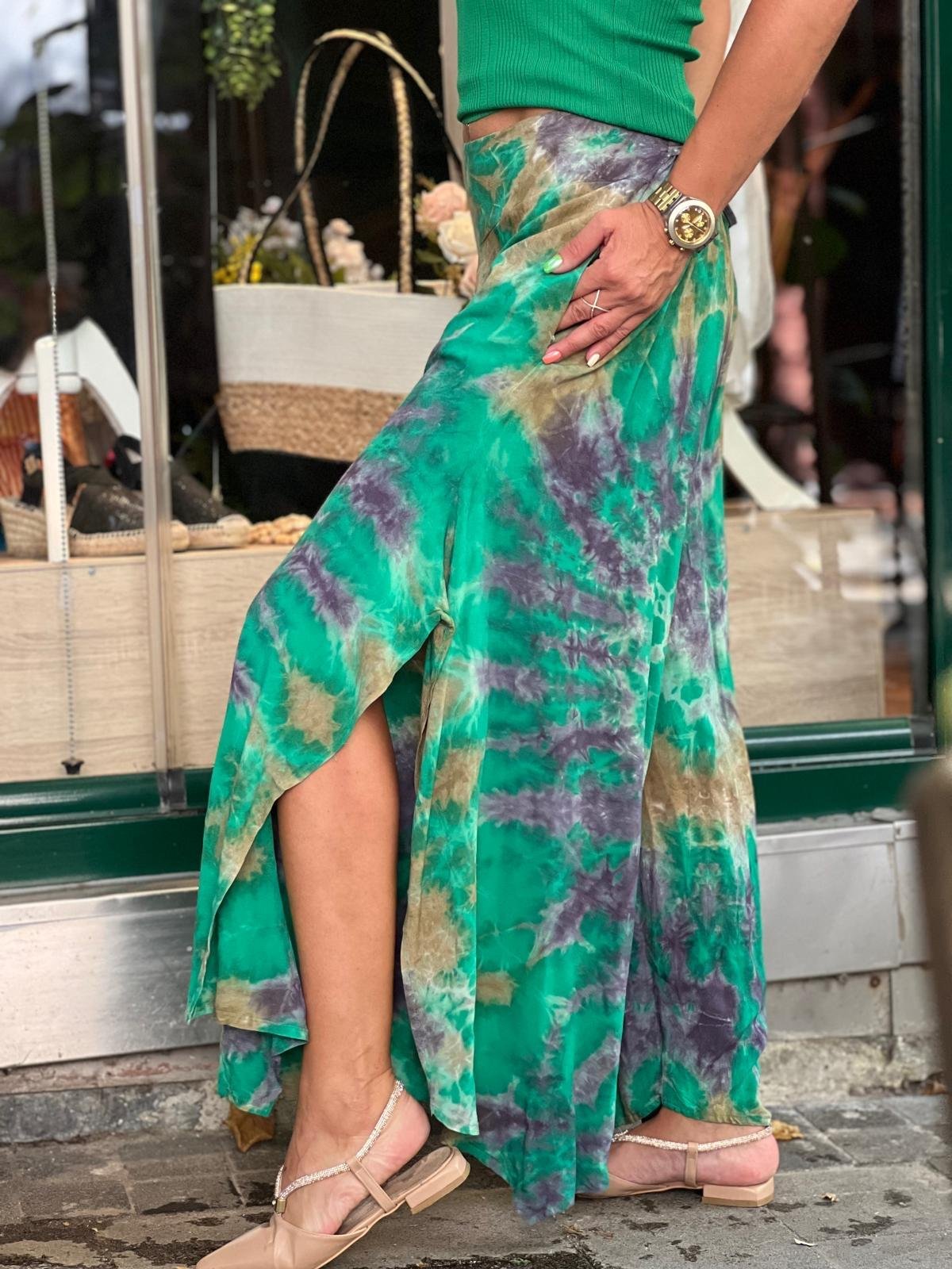Yeşil Batik Yırtmaçlı Pantolon